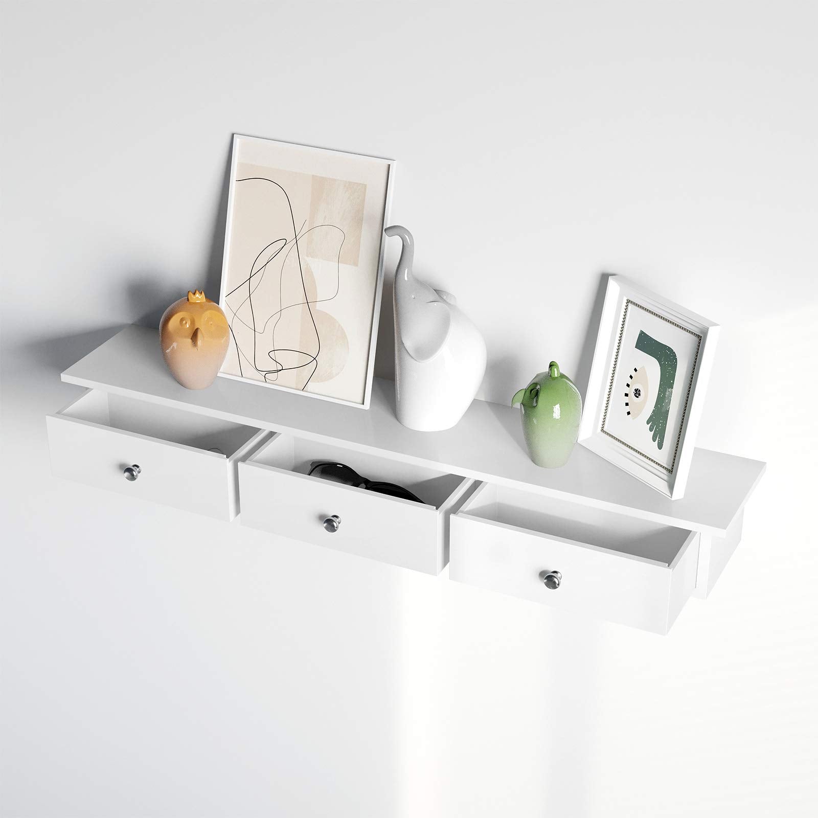 SONGMICS Floating Wall Shelf with 3 Drawers - White | 80 x 15 x 10 cm | Engineered Wood 5