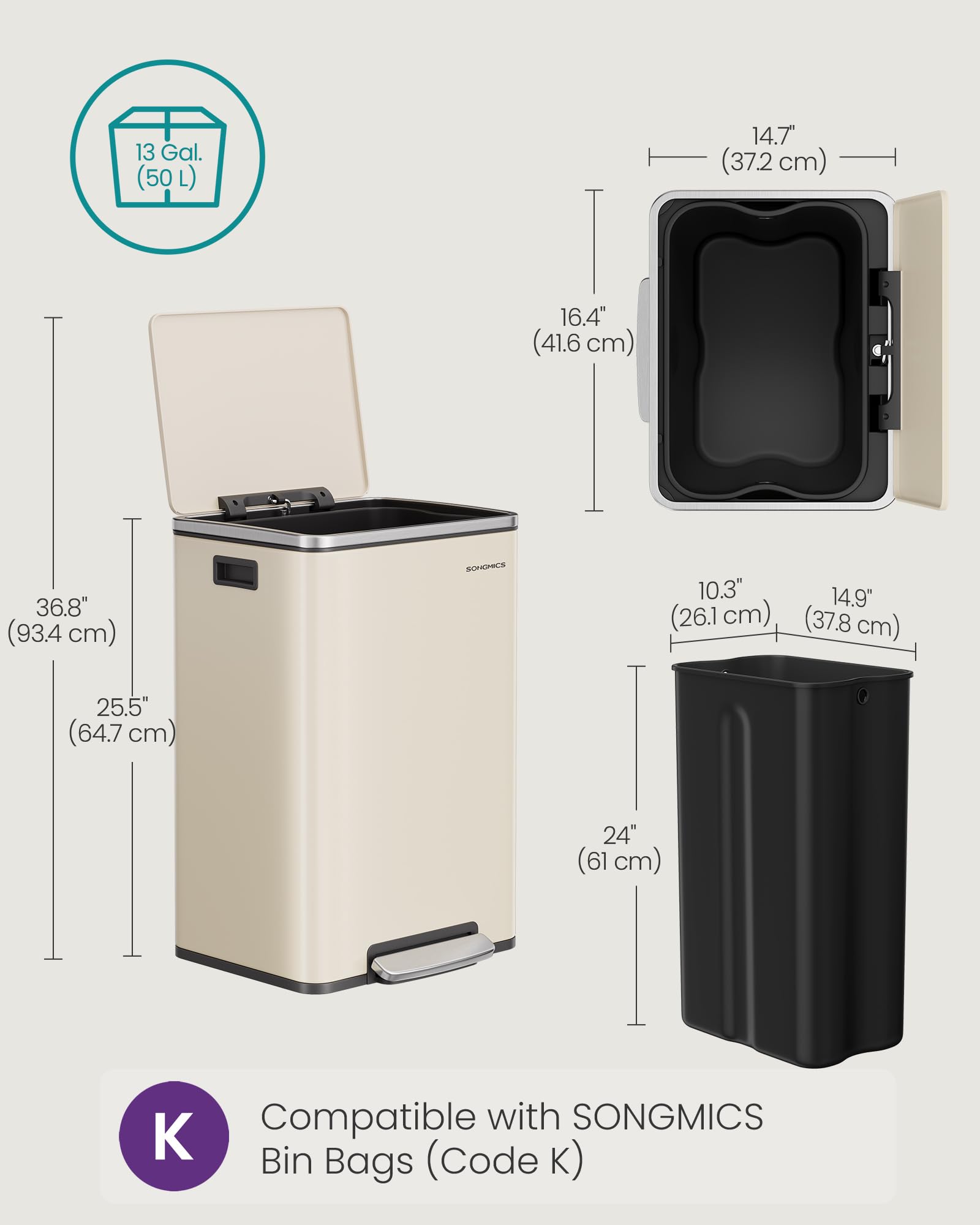SONGMICS 50 L Kitchen Bin - Steel Construction | Cream Finish | Includes 15 Bin Bags 6