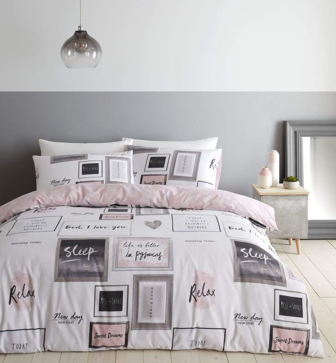Catherine Lansfield Sleep Dreams Reversible Double Duvet Cover Set with Pillowcases Blush Pink 3