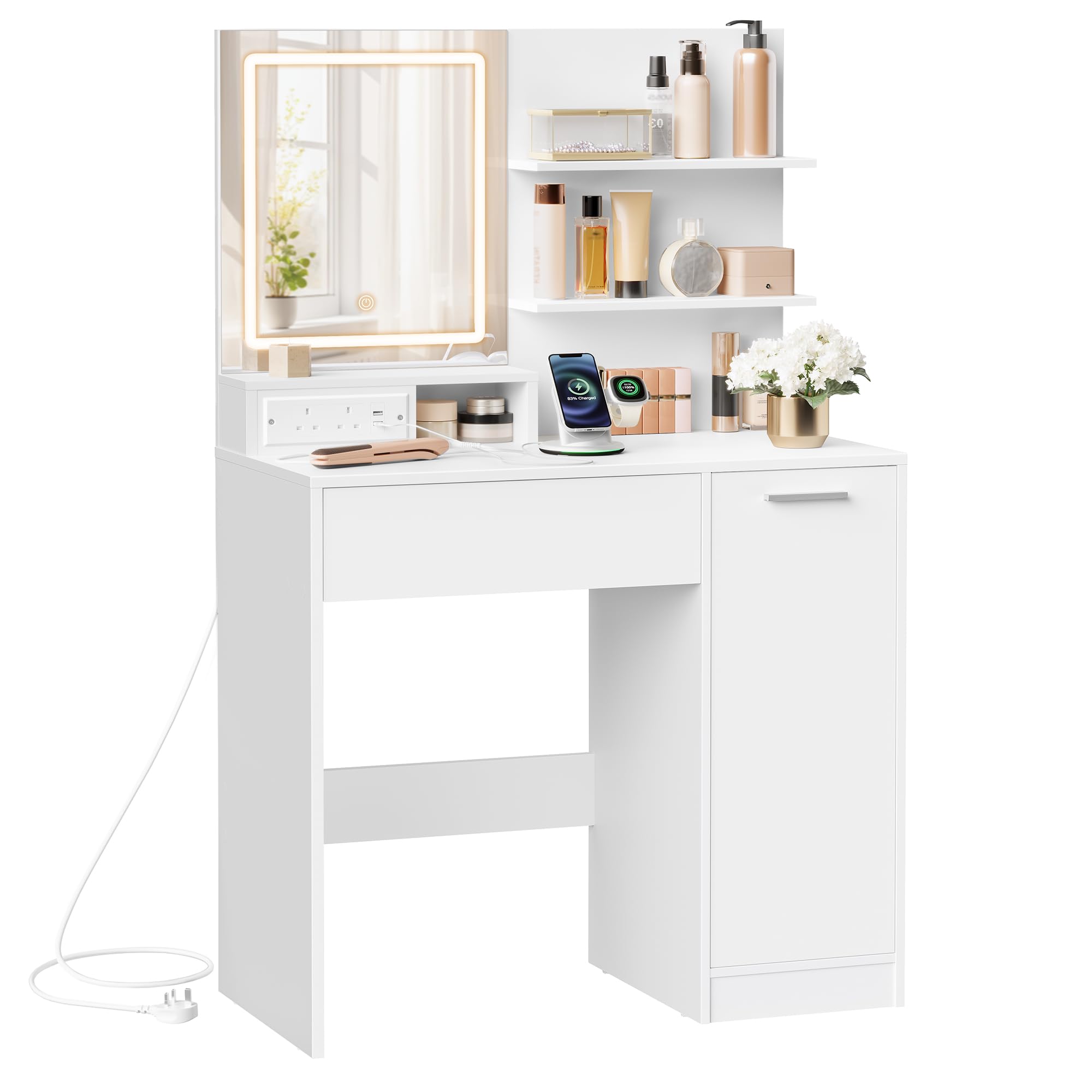 VASAGLE KAILYN Dressing Table with LED Mirror, Power Outlet, and Storage | White | 15.7'D x 31.5'W x 52'H 2