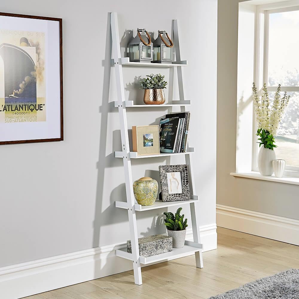 Home Source Modern 5 Tier Ladder Bookcase Shelving Unit | White Engineered Wood | Space Saving 1