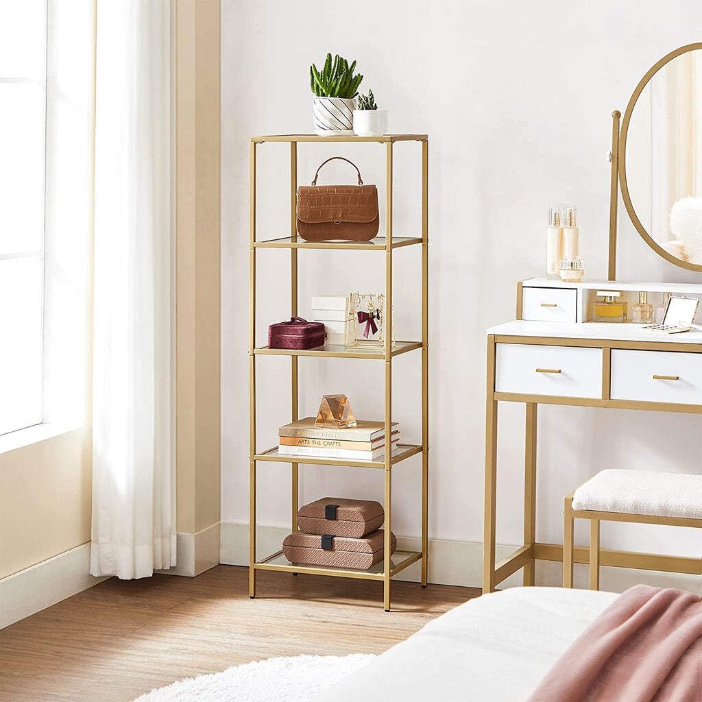 VASAGLE 5-Tier Glass Shelf Bookcase - Tempered Glass, Metallic Gold Frame | 40W x 124.5H cm 5