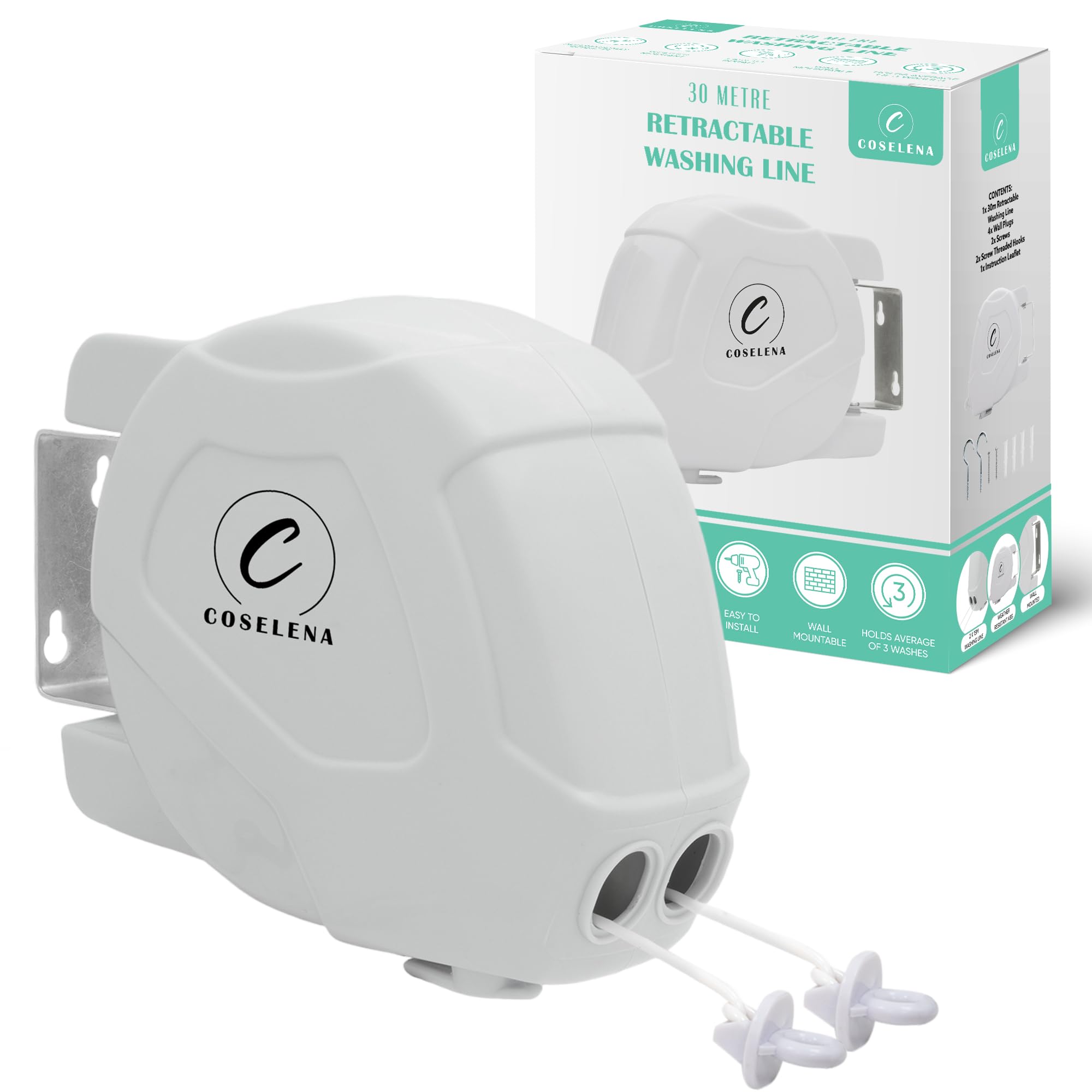 Coselena 30m Retractable Washing Line - Heavy-Duty Twin Clothes Line | Wall Mounted | Indoor/Outdoor 1