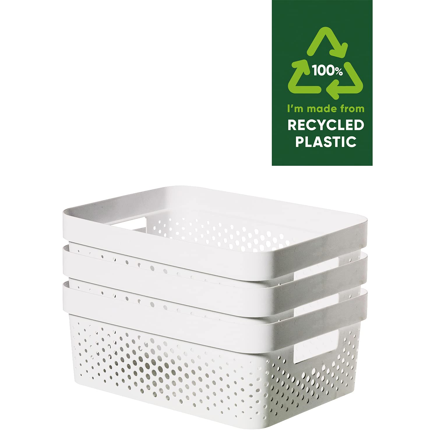 CURVER Infinity Dots Set of 3 Medium Storage Baskets - 11L Capacity | 100% Recycled Plastic | White