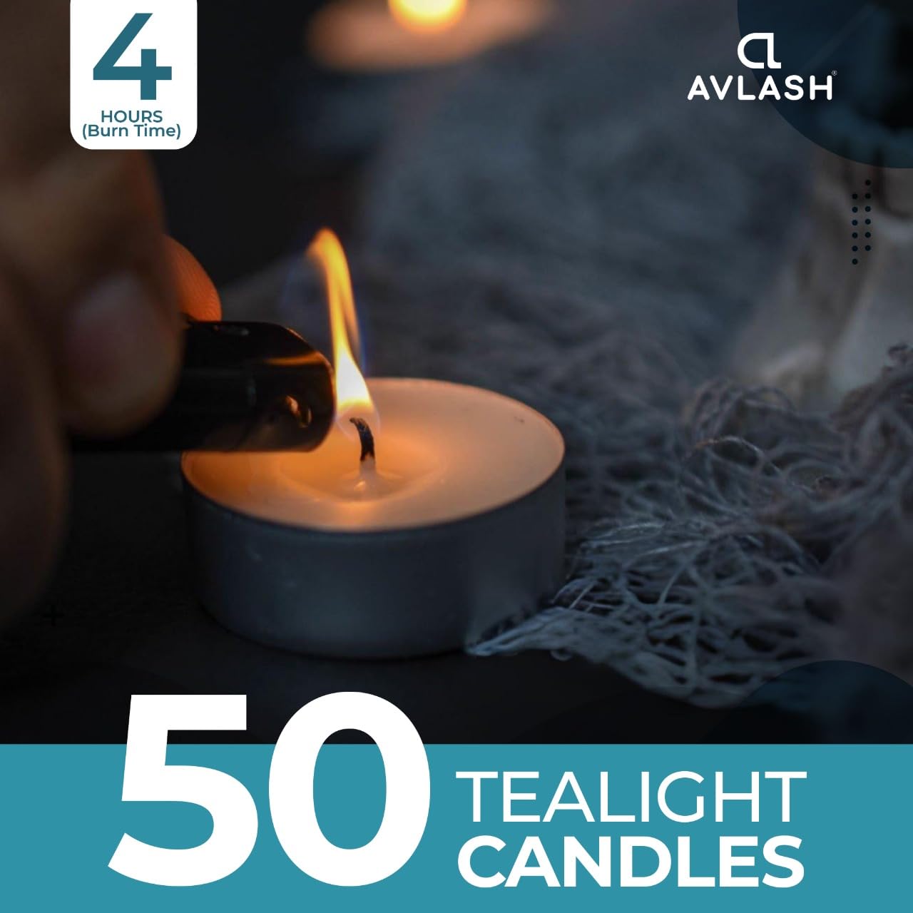 AVLASH Unscented Tea Lights - 4 Hour Burn Time | Pack of 50 | Smokeless Clean Burn 7