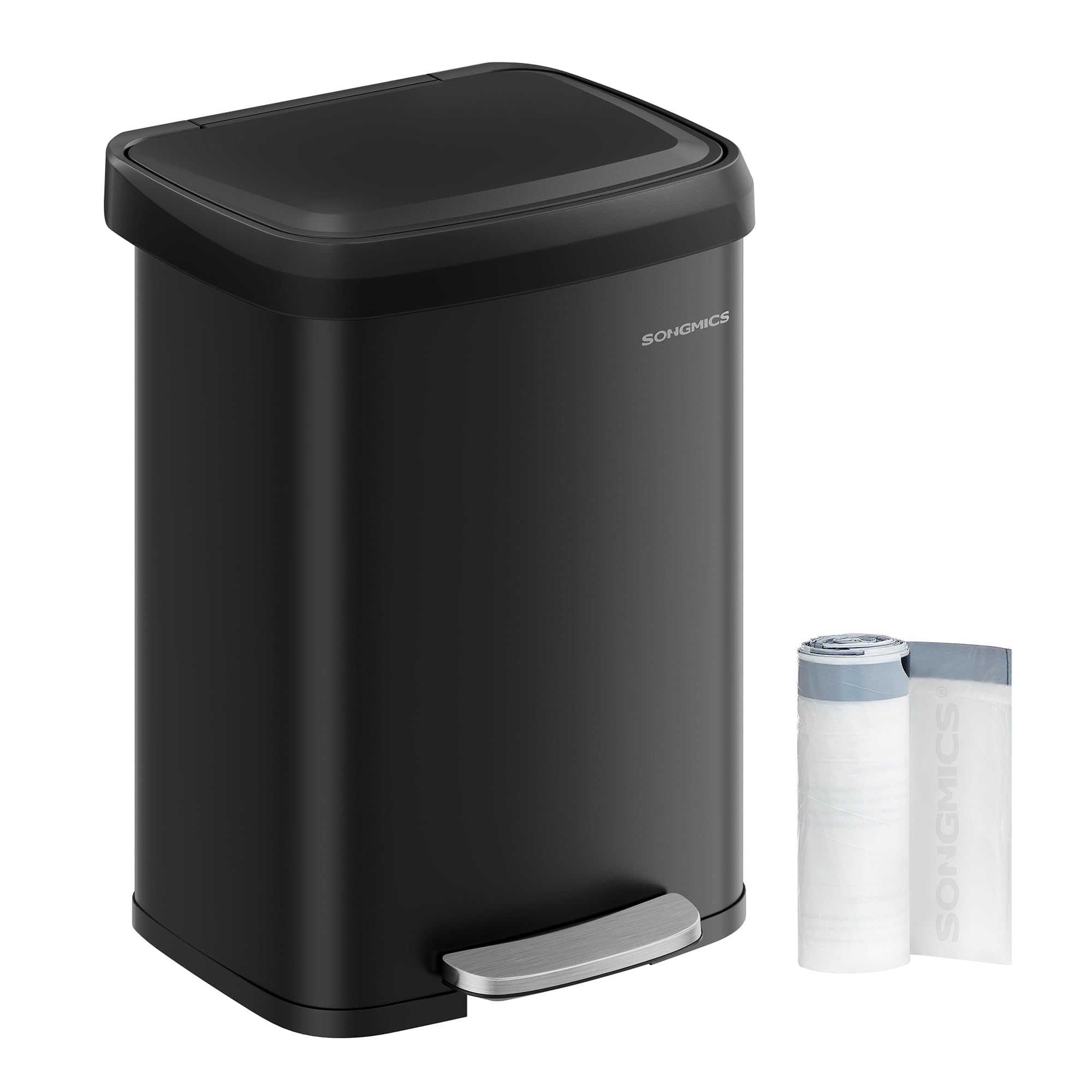 SONGMICS Kitchen Bin - 50L Capacity, Black Metal Pedal Waste Bin | Quiet Close 1