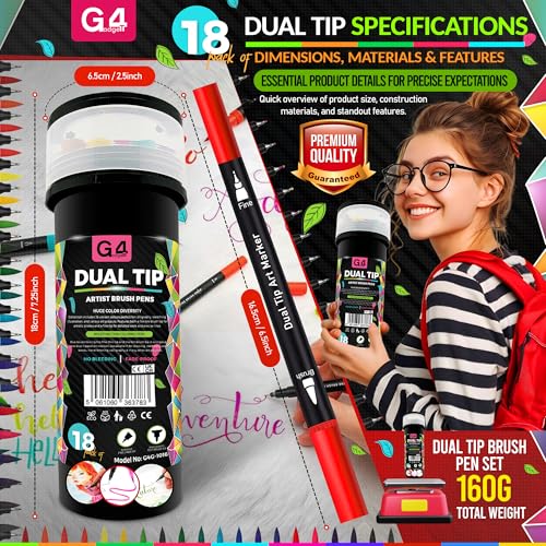 G4GADGET Dual Tip Brush Pens - 18 Pack | Fine & Brush Tip Markers for Drawing & Lettering 4
