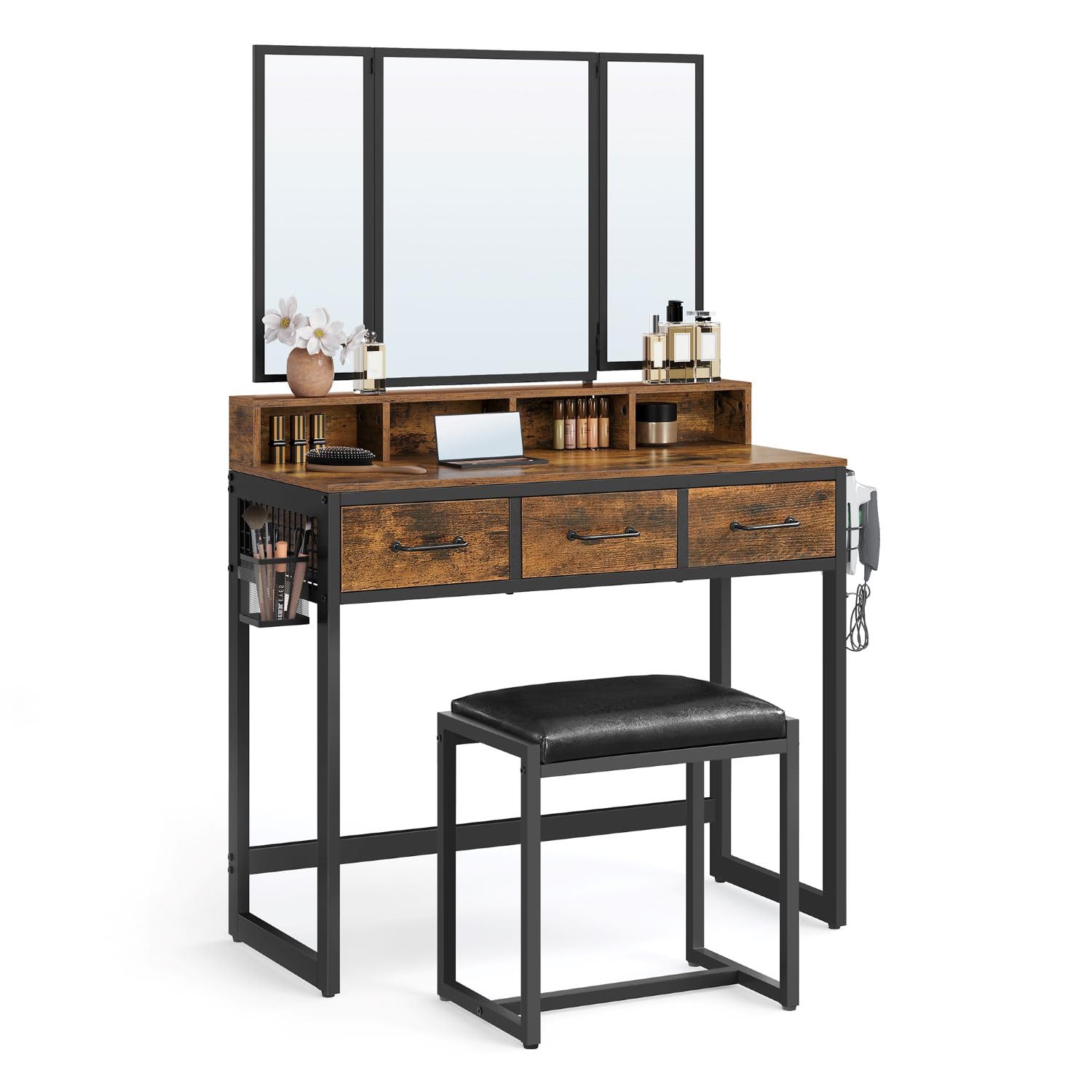 VASAGLE Dressing Table with Tri-Fold Mirror and Stool | 3 Drawers | Industrial Style | Rustic Brown/Black 1