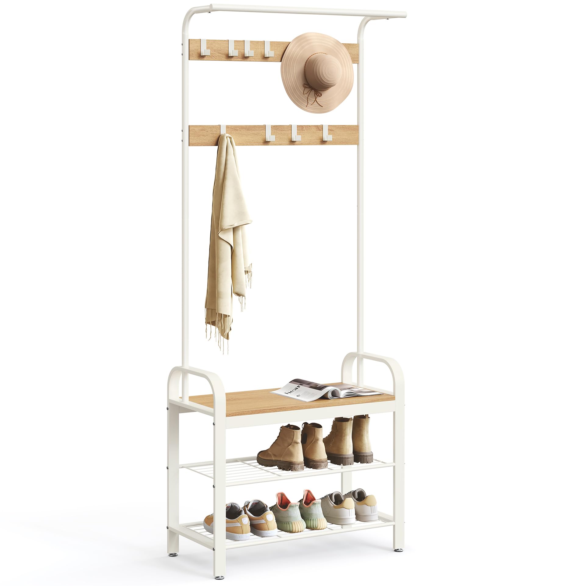 VASAGLE 4-in-1 Coat Rack with Shoe Storage Bench | 9 Removable Hooks | Industrial Oak & Cream | 72 x 33.7 x 183 cm