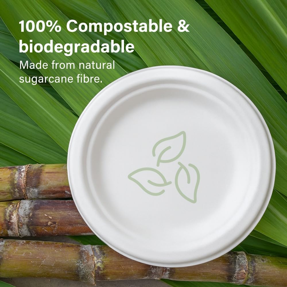 Vivo Technologies 50 Pack 7 Inch Bagasse Plates - Extra Strong, Compostable, Oil & Cut Resistant 3