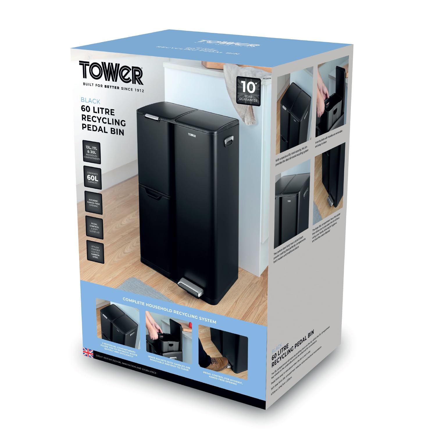 Tower Recycling Pedal Bin - 60L Capacity | 3 Compartments | Carbon Steel 8