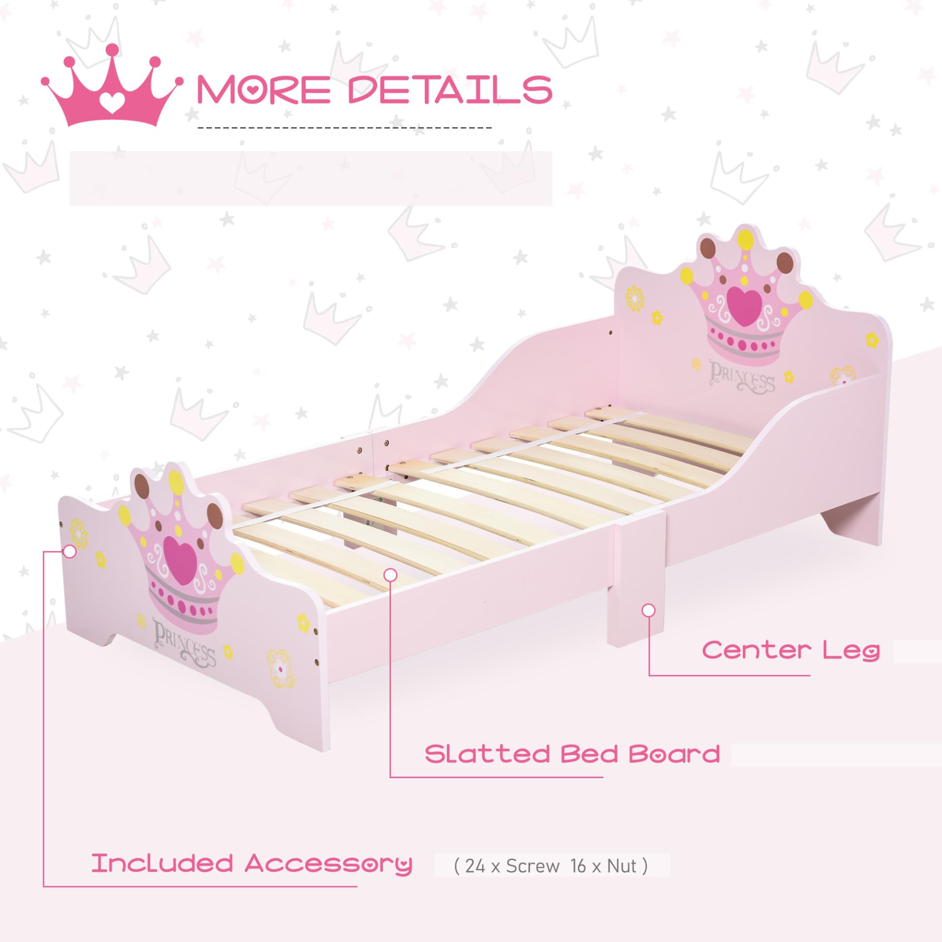 HOMCOM Princess Crown Toddler Bed for Girls | Low Height, Safety Rails | Supports 50kg 4