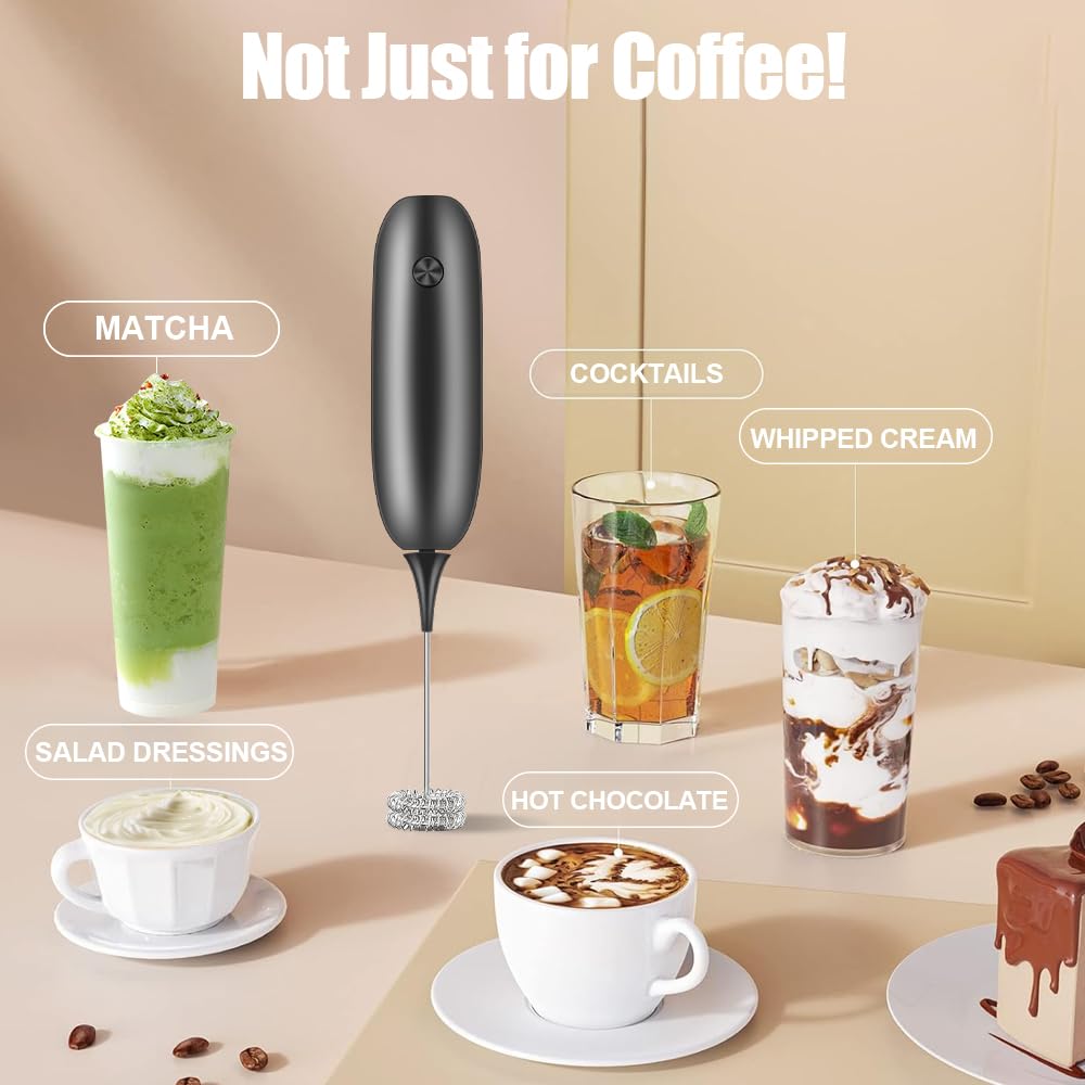 Woobroo Handheld Milk Frother - Battery Operated, Stainless Steel Whisk Head | Black 6