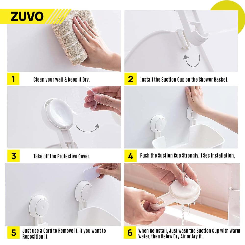 Zuvo No Drill Shower Caddy Basket with Suction Cups | Rustproof Plastic Organizer | White 4