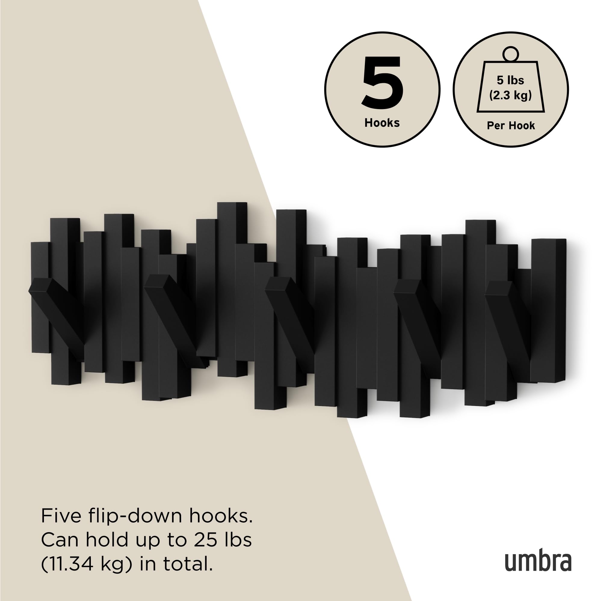 Umbra Sticks Wall-Mounted Coat Rack Rail Hook with 5 Retractable Pegs | Black Plastic 5