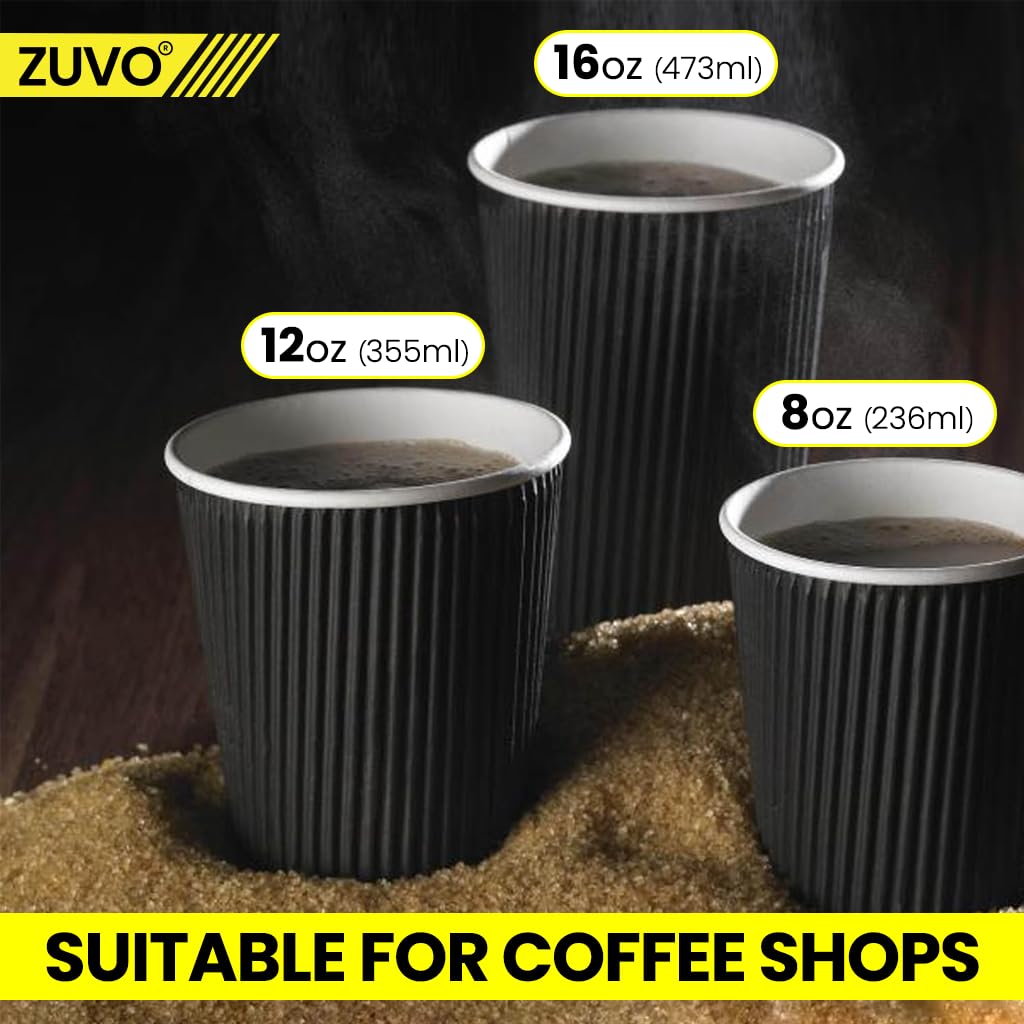 Zuvo Disposable Takeaway Coffee Cups - 12 OZ Black Ripple, 100 Count | Leak Proof | Non-Slip 7