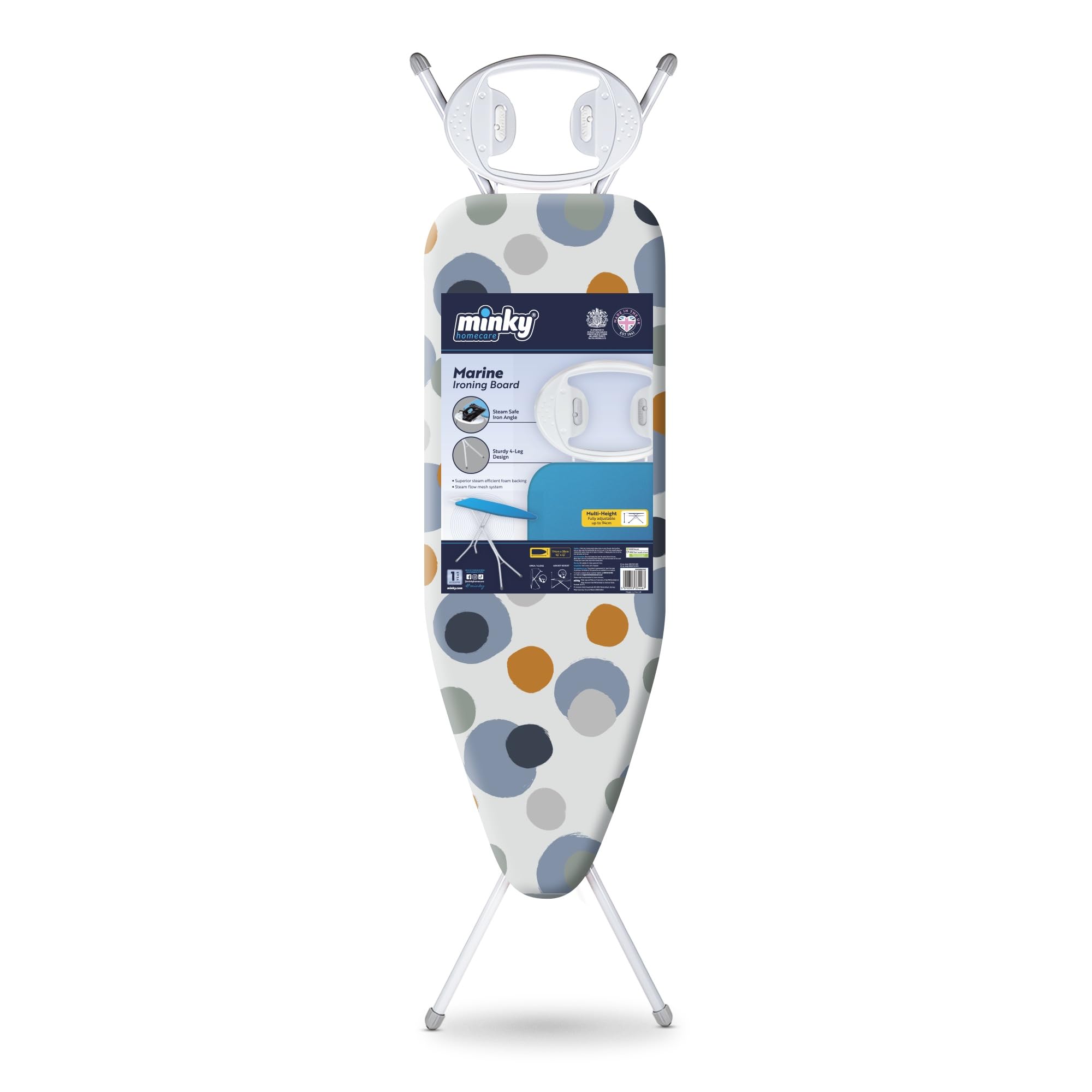 Minky Marine Ironing Board - 114 x 38cm Surface | Multi-Height up to 94cm | UK Made