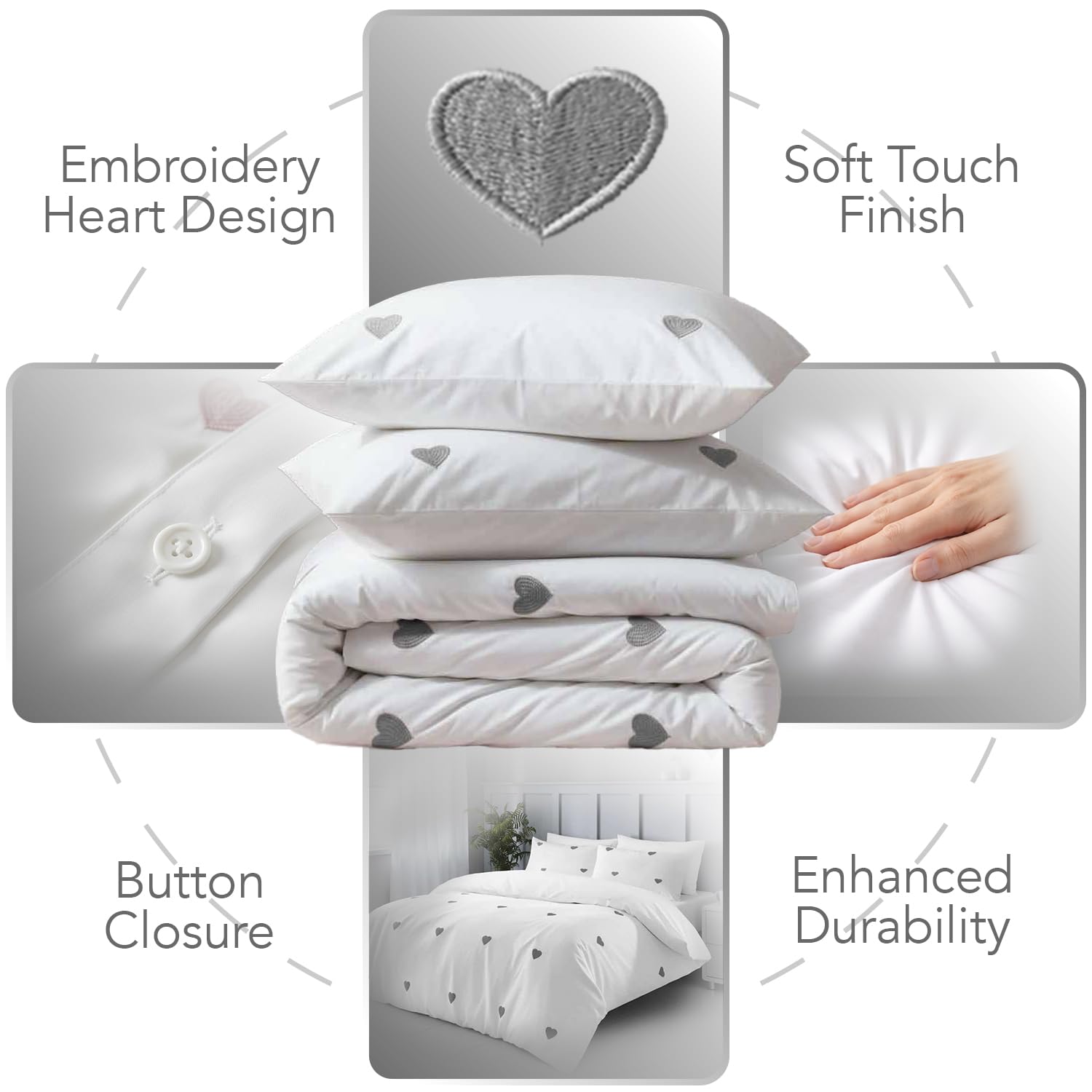 GC GAVENO CAVAILIA Luxury Polycotton Duvet Cover Set with Embroidered Heart | King Size | White/Charcoal 3