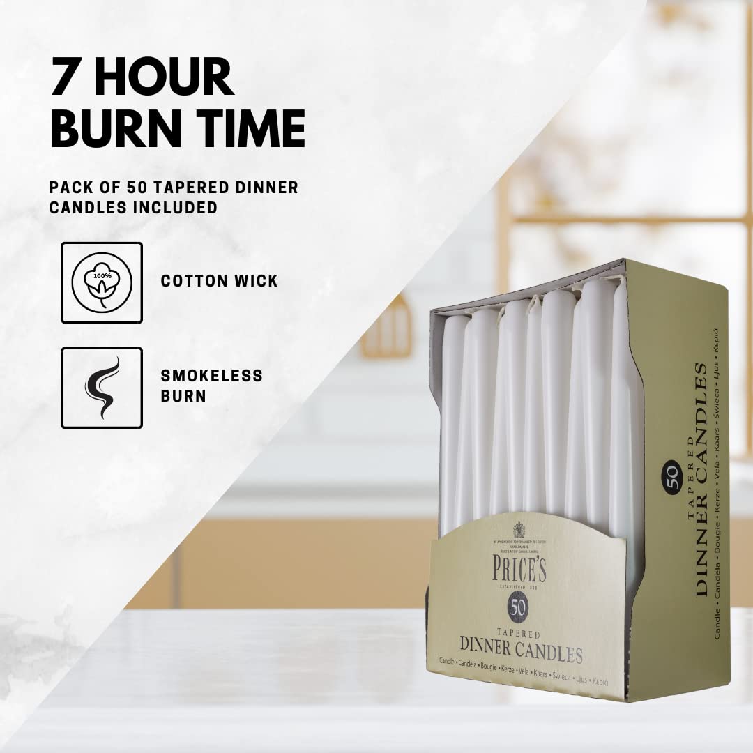 Price's Candles Unscented Ivory Tapered Dinner Candles, 50 Pack | 7 Hour Burn Time | Dripless Wax 6