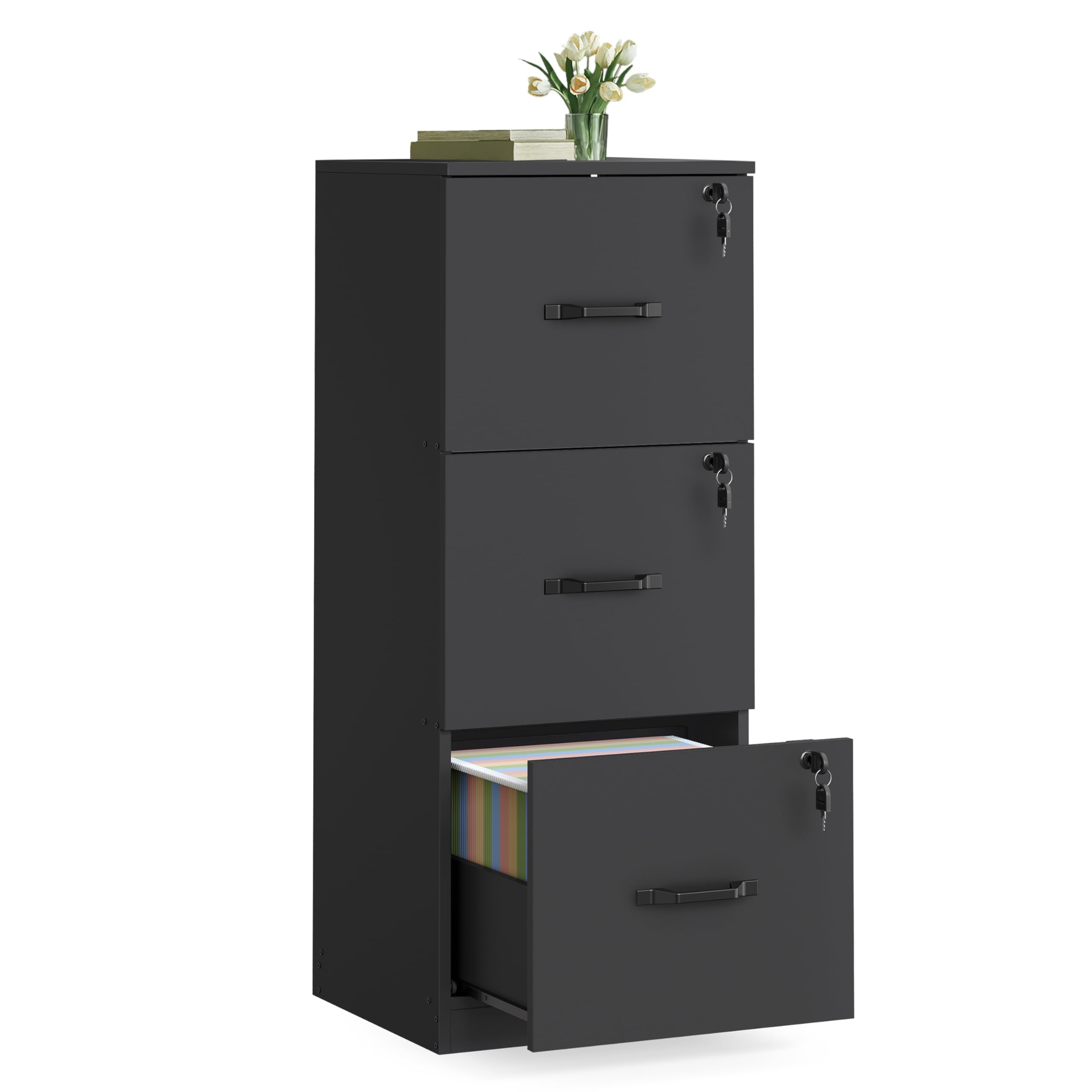 VASAGLE Vertical File Cabinet - 3 Lockable Drawers, Adjustable Rails for A4/Letter Files | Ink Black