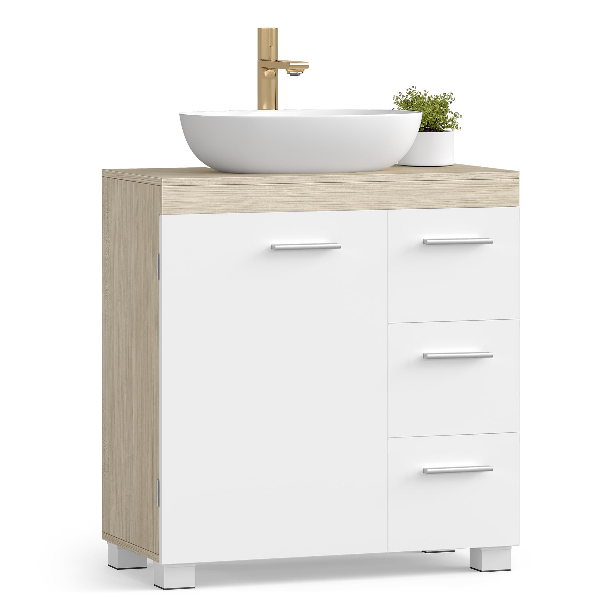 VASAGLE Under Sink Bathroom Cabinet - 3 Drawers, Adjustable Shelf | Cloud White + Natural Beige