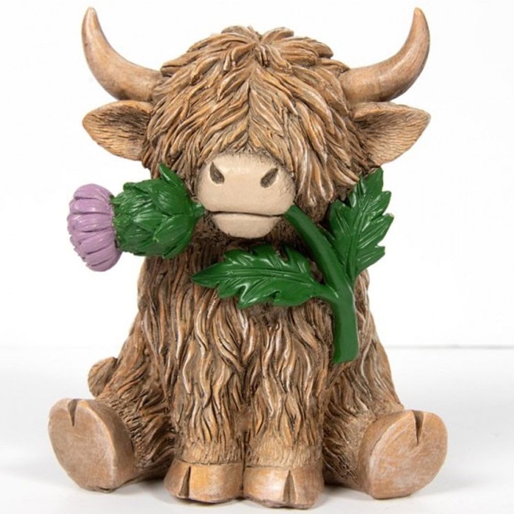 Lesser & Pavey Highland Cow With Thistle Figurine - Highly Detailed Collectible | Matte Finish | 100x75x100mm 1