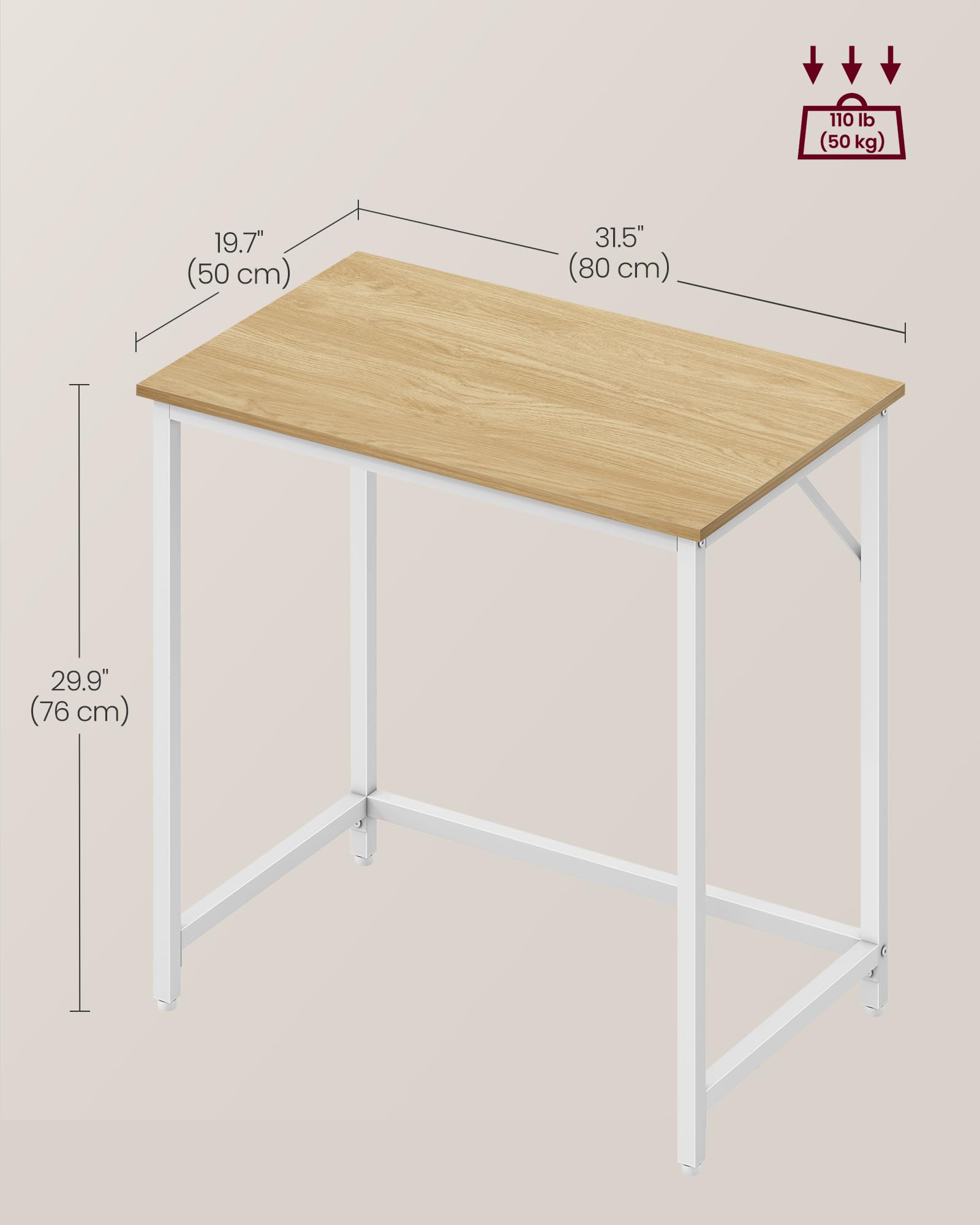 VASAGLE Computer Desk - 80 x 50 cm Workspace | Natural Oak & Pearl White | Max 50kg Load 6
