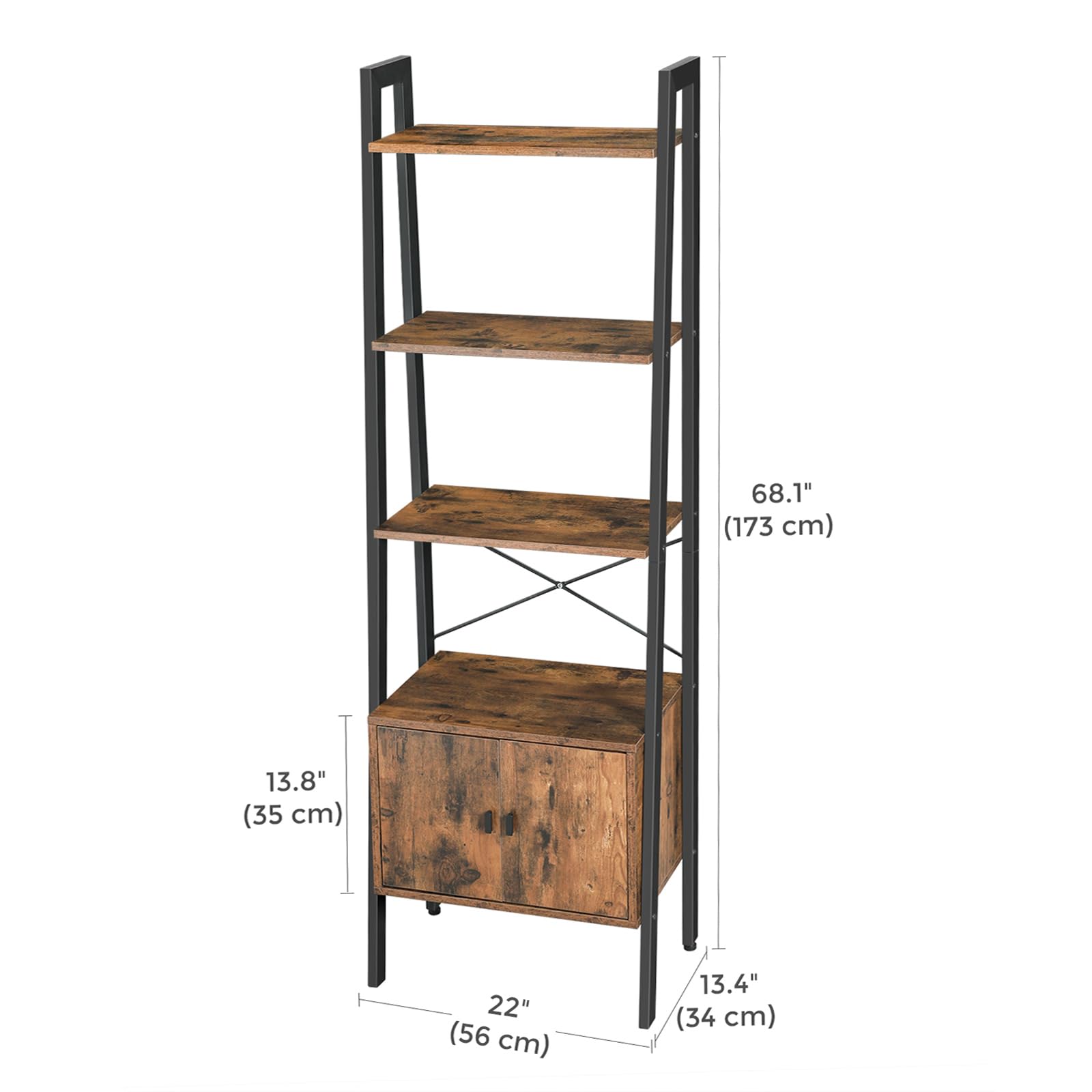 VASAGLE Shelf Ladder Bookcase - 4 Tiers with Cupboard | Industrial Style | Rustic Brown 3