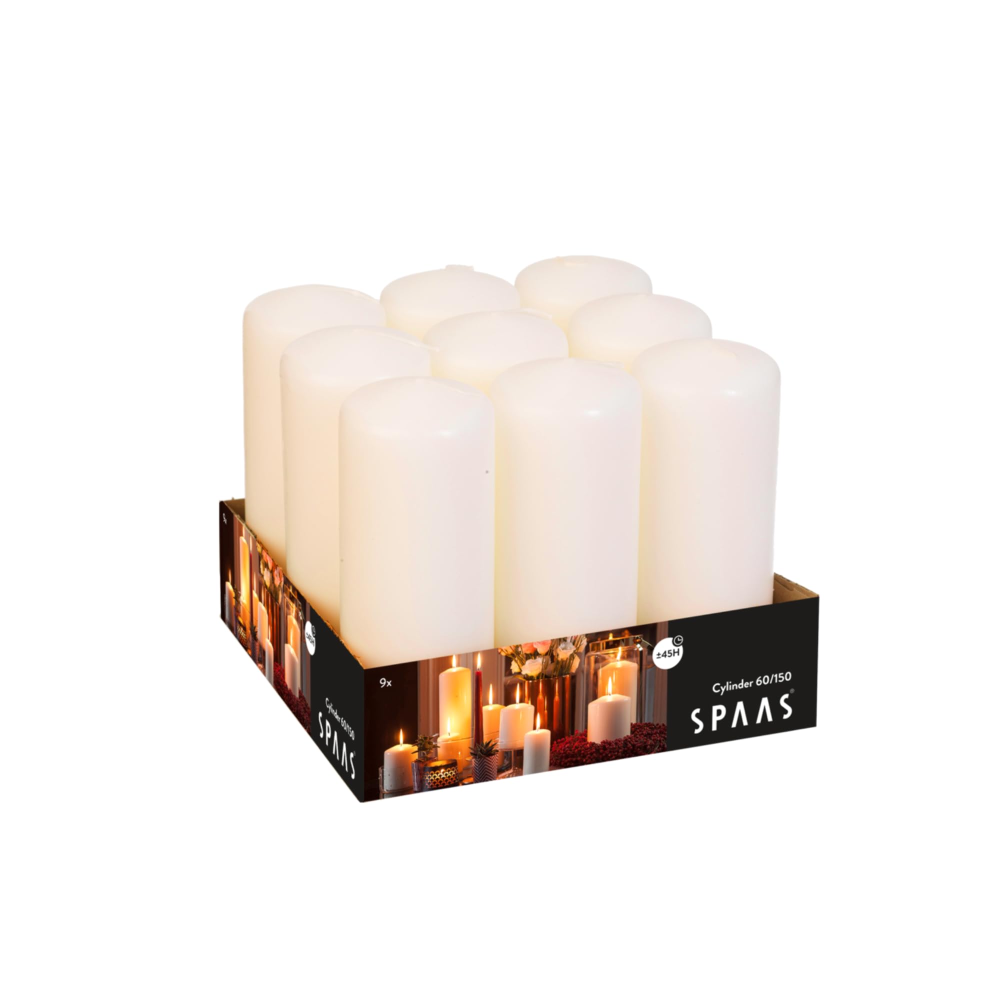 Spaas Unscented Pillar Candles Tray of 9 | Ivory | 60x150 mm | ± 45 Hr Burn Time
