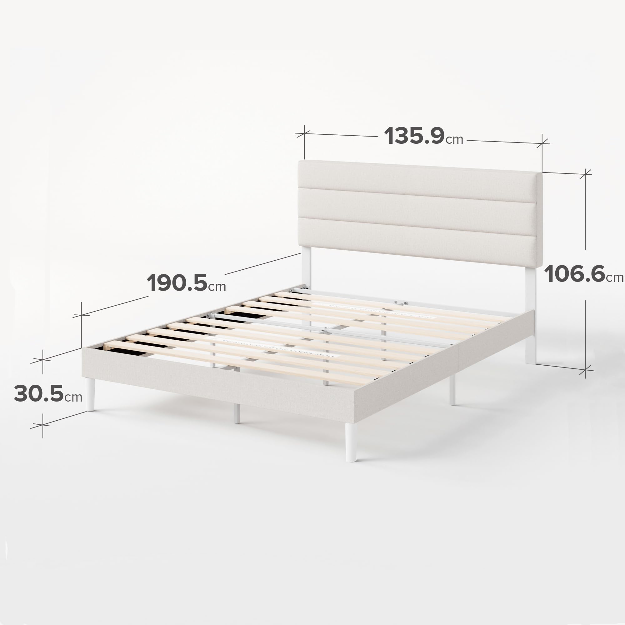 Zinus Piper Double Upholstered Bed Frame with Headboard - Off White | 135 x 190 cm | Steel Frame 2