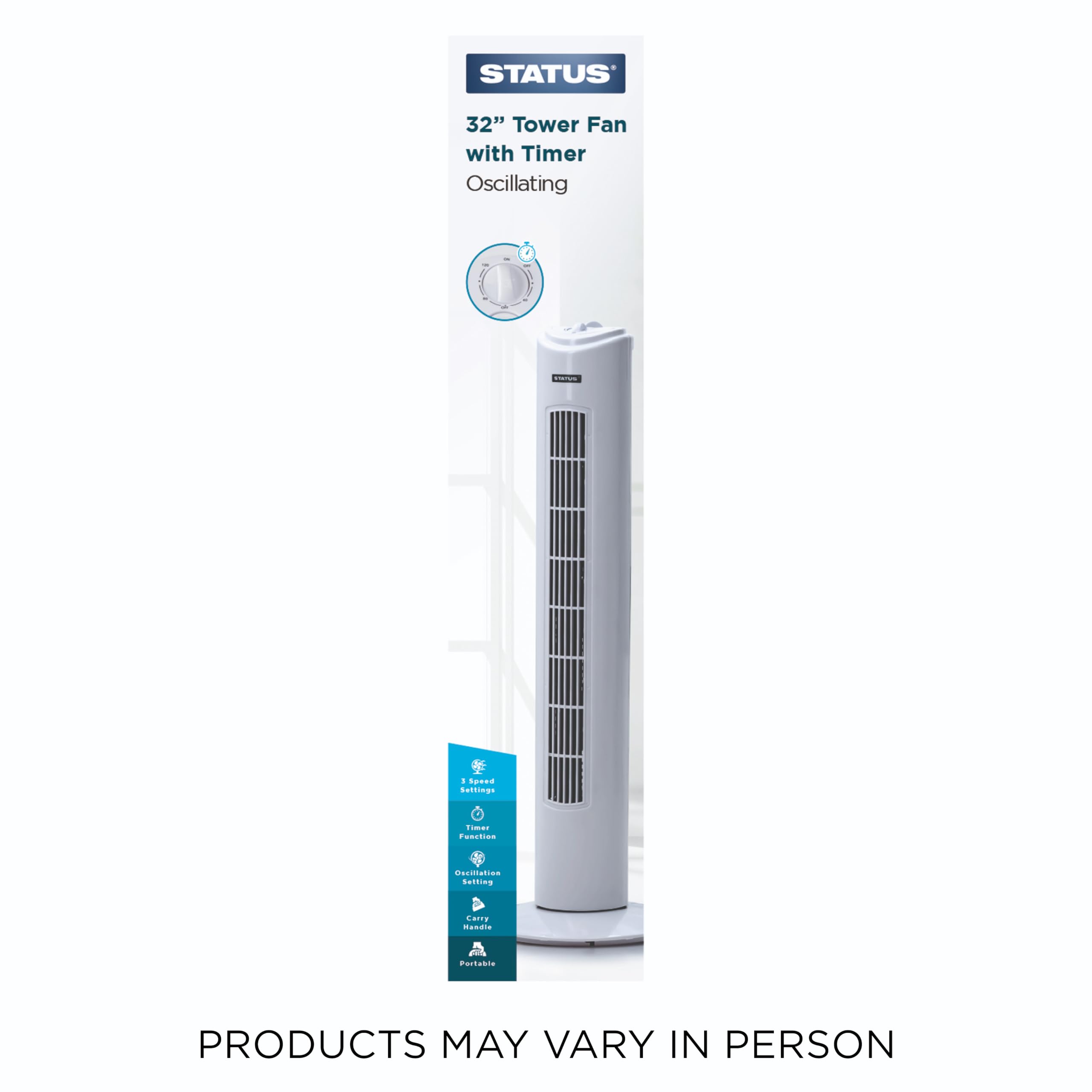 Status 29 Inch Portable Tower Fan - 3 Speed Oscillating Cooling | White Plastic 7