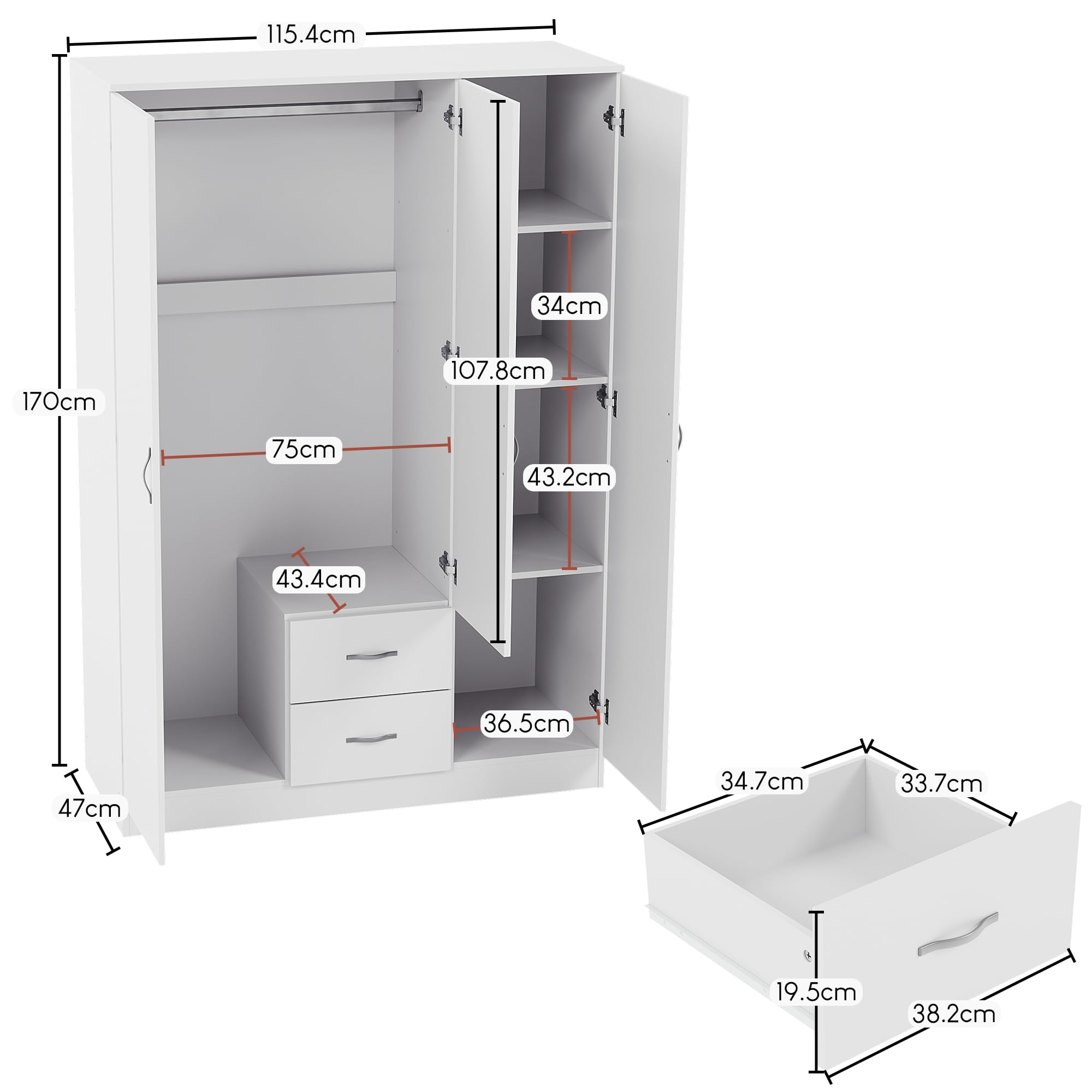 Vida Designs Riano Wardrobe - 3 Door Mirrored | Engineered Wood | 170x115.4x47 cm 2