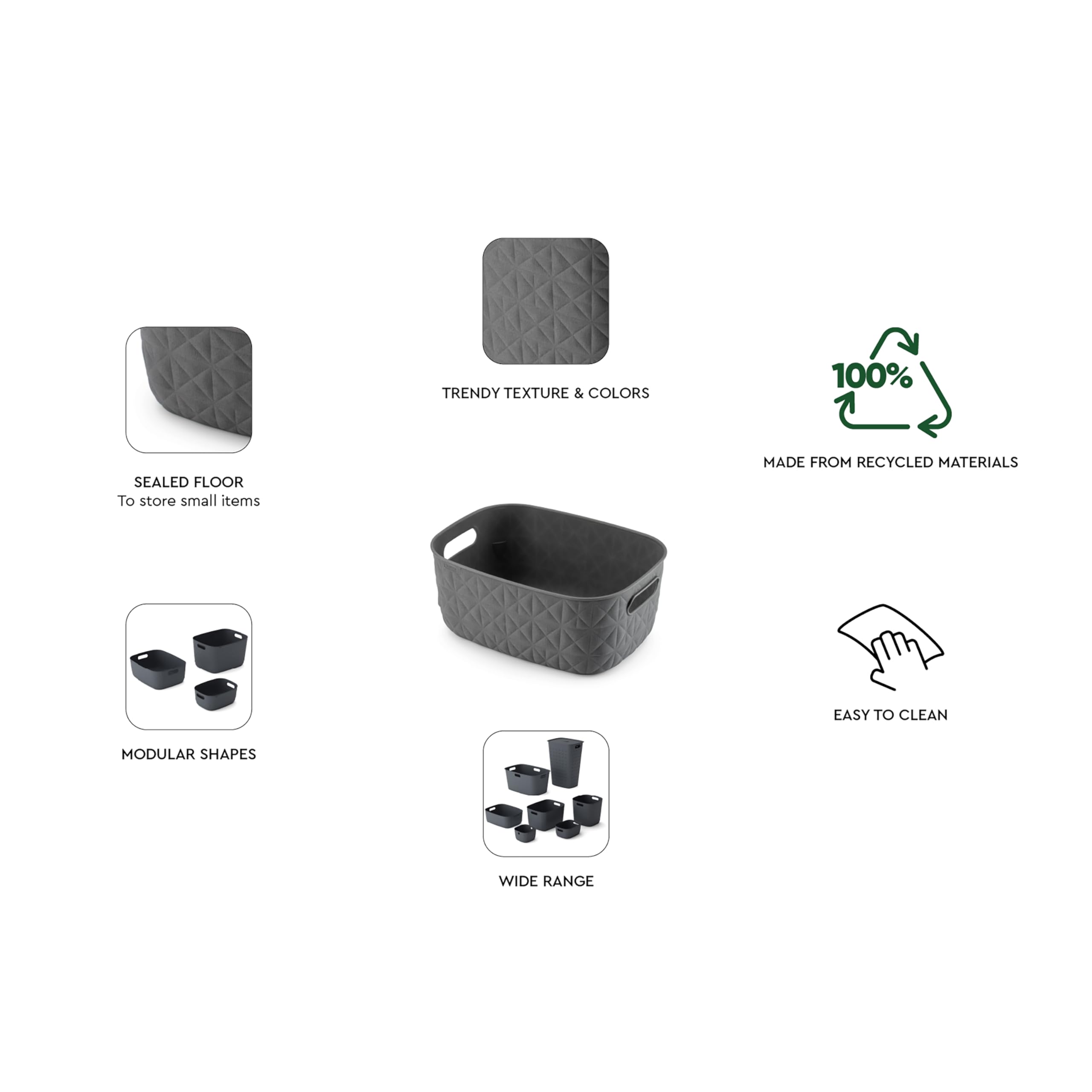 CURVER Softex 4L Storage Baskets - Set of 4 | 100% Recycled Resin | Dark Grey 8