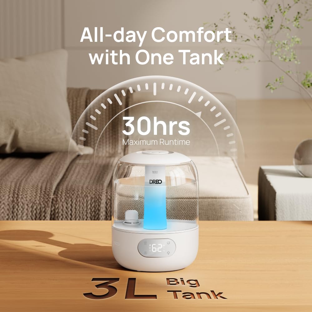 DREO Ultrasonic Cool Mist Humidifier - 3L Tank, 30-Hour Runtime, 26dB Quiet | White 6