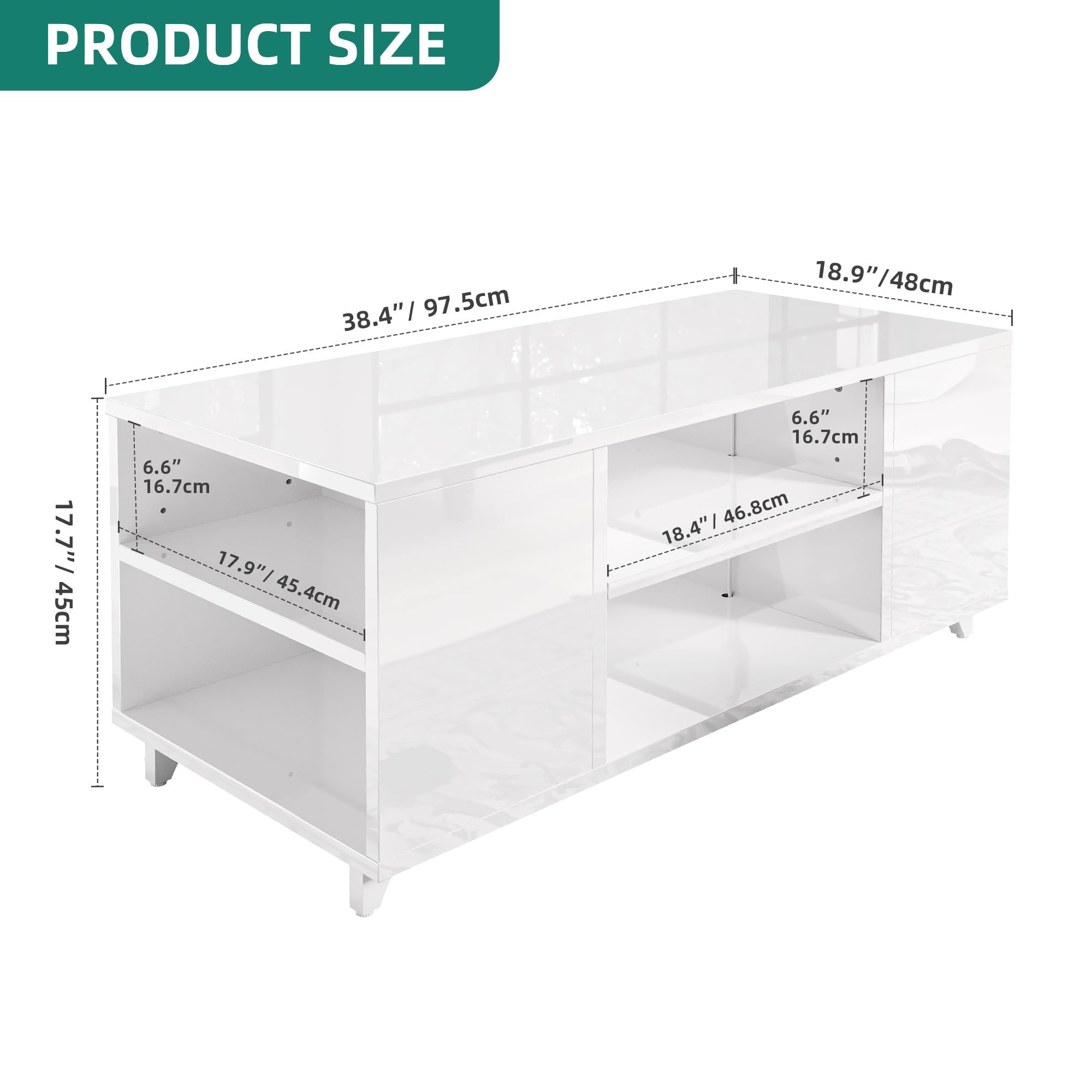 YITAHOME Modern Coffee Table with RGB Lighting | High Gloss White Finish | 97.5 x 48 cm 3