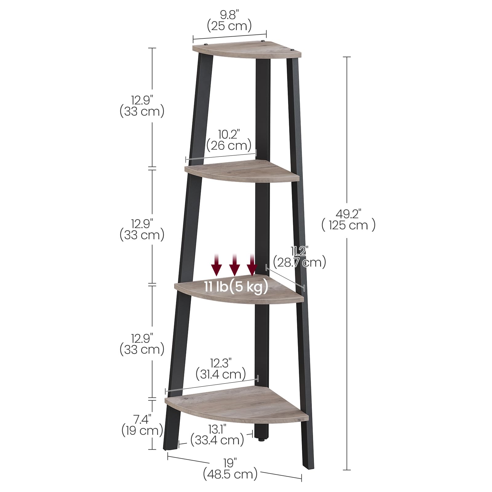 VASAGLE 4-Tier Corner Shelf Unit - Industrial Design | Greige & Black | 33.4 x 33.4 x 125 cm 3