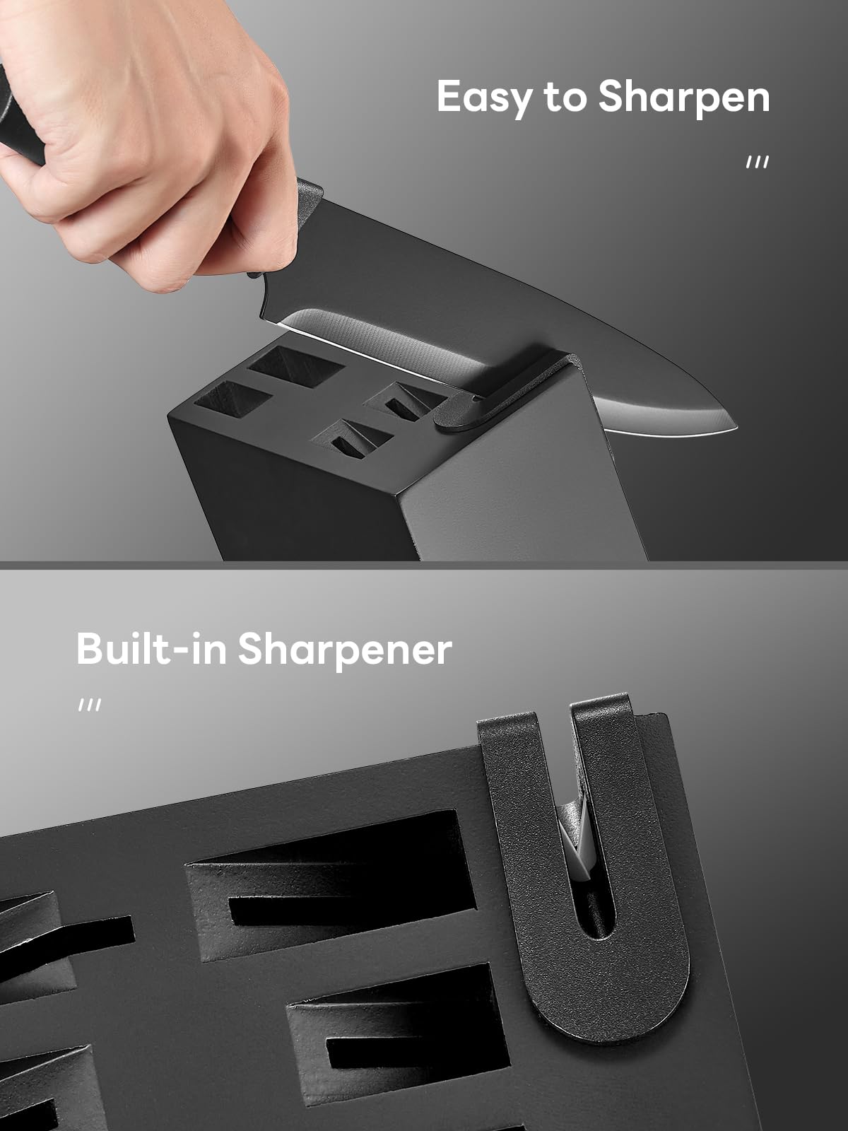 Yabano 8 Piece Kitchen Knife Set with Block - Stainless Steel, Built-in Sharpener, Black 4