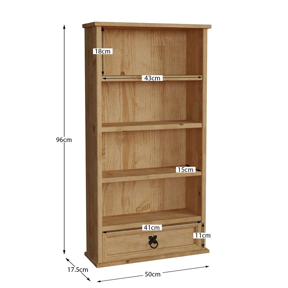 Vida Designs Corona Bookcase - Solid Pine Wood | 1 Drawer | Clear Wax Finish | H 96 x W 50 cm 3