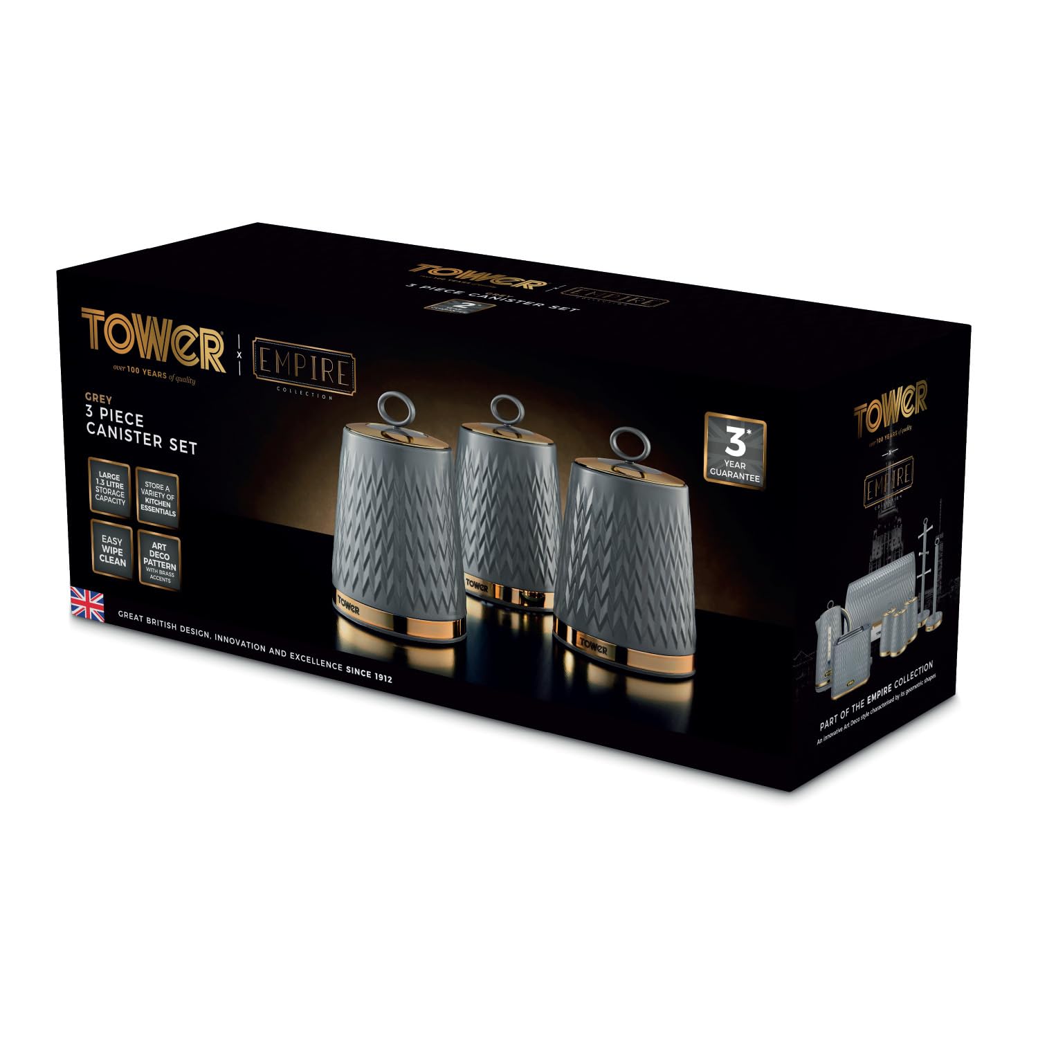 Tower Empire Set of 3 Storage Canisters for Tea Coffee Sugar | 1.3L Capacity | Grey and Brass 9