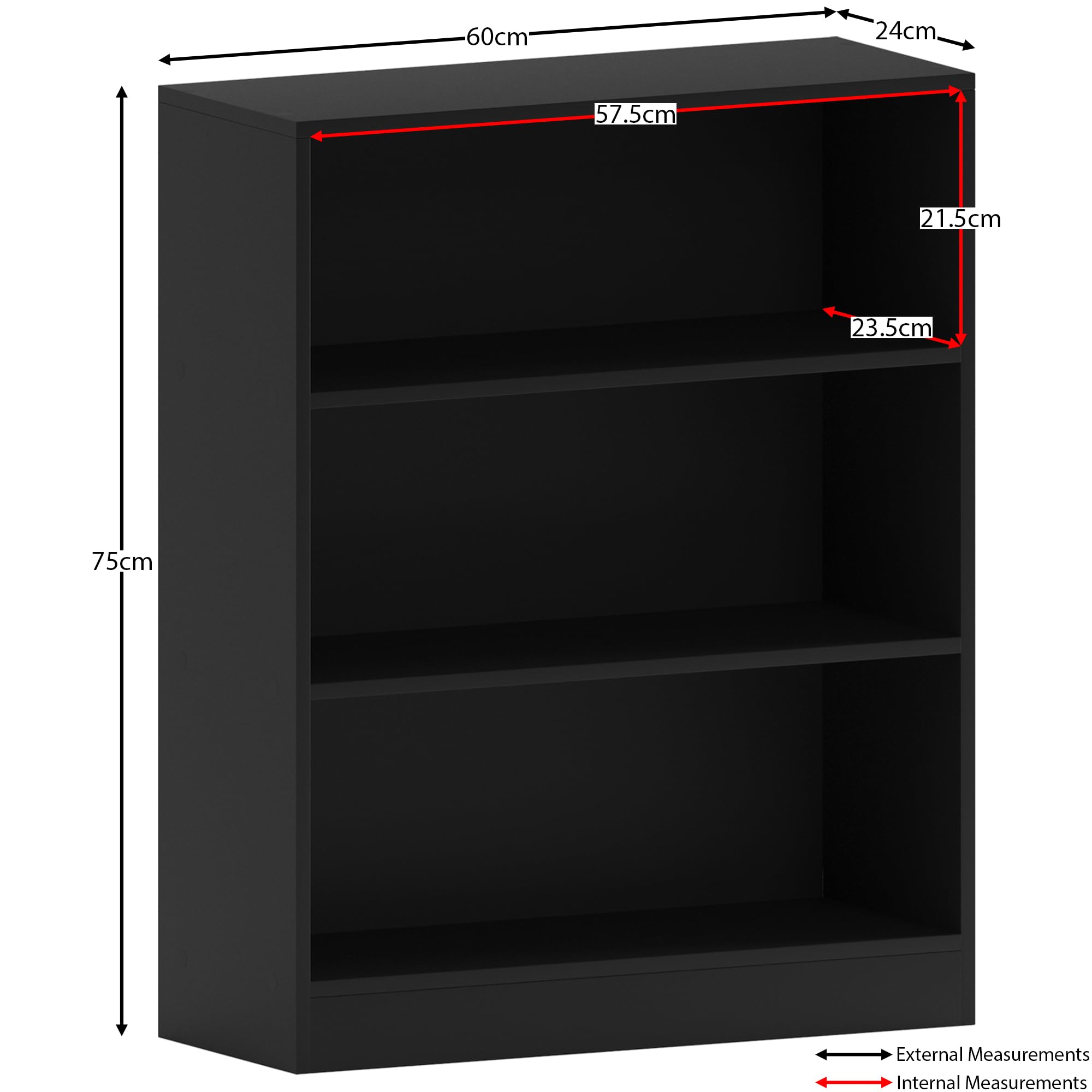 Vida Designs Cambridge 3 Tier Low Bookcase - Black Wooden Shelving | H 75 x W 60 cm 3