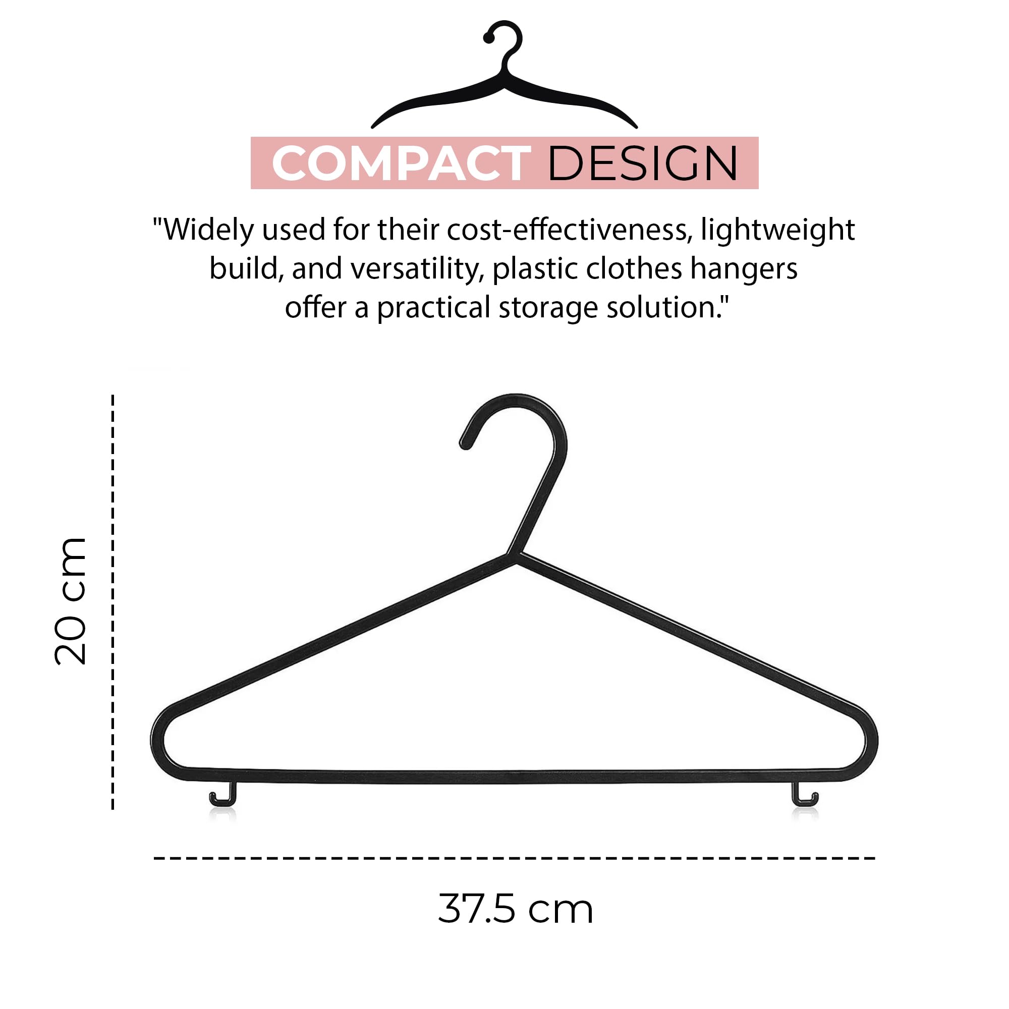 Roe Tenpo Plastic Coat Hangers - 25 Pack Black | Durable, Non-Slip, Space Saving
