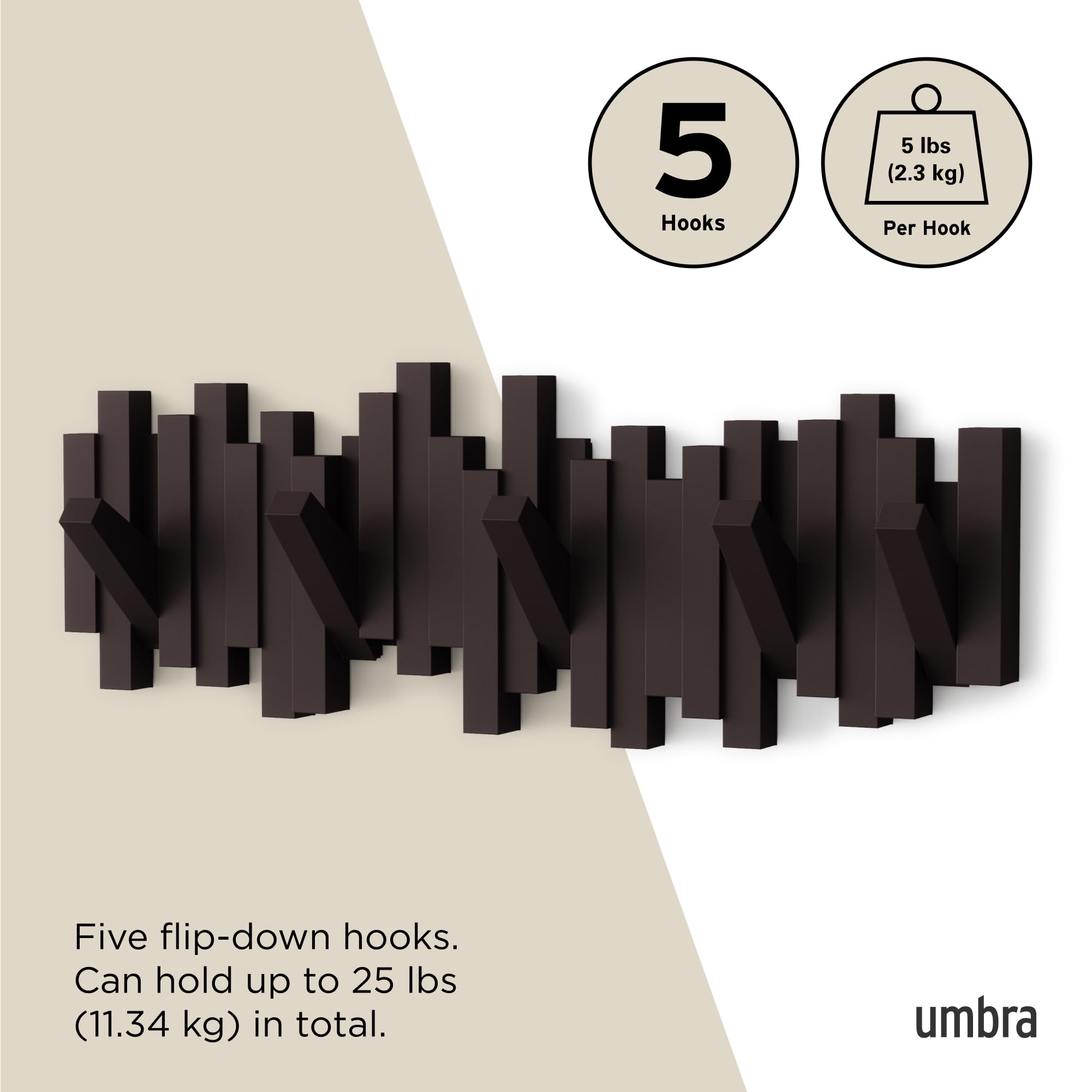 Umbra Sticks Wall-Mounted Coat Rack Rail Hook - 5 Retractable Pegs | Espresso Plastic | Modern Design 5