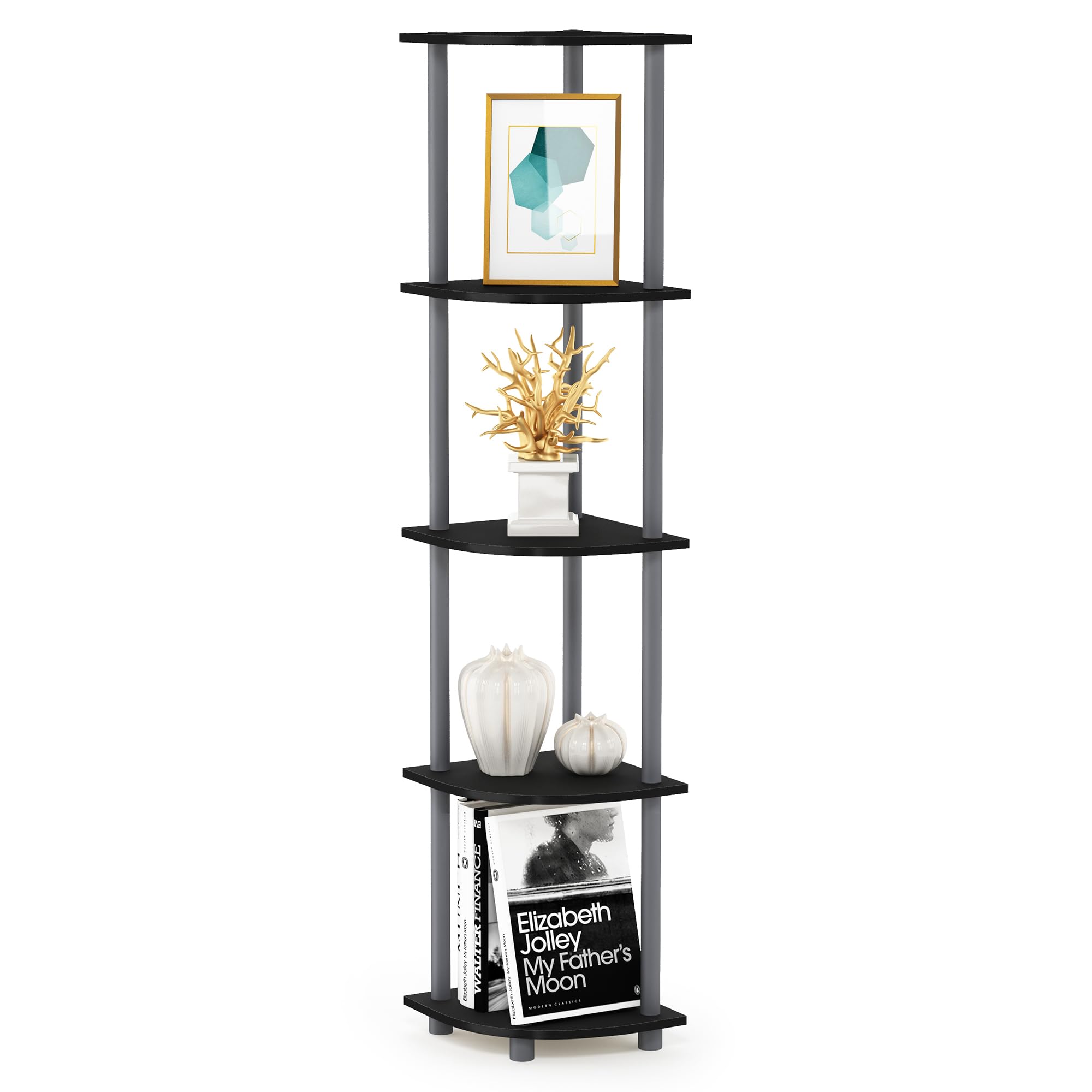 Furinno TURN-N-TUBE 5-Tier Corner Shelf Bookshelf | Black/Grey | Freestanding 1