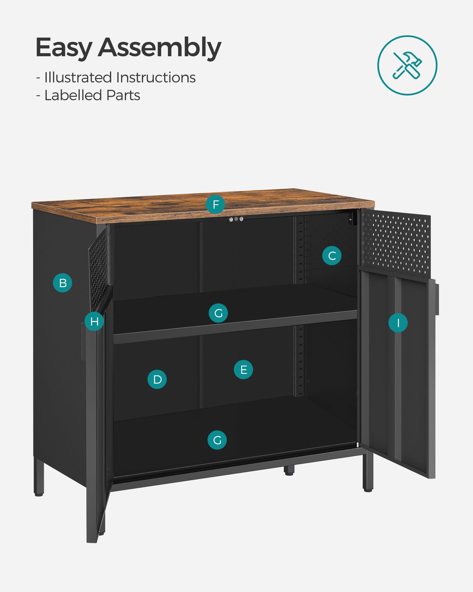 SONGMICS Storage Cabinet - Rustic Brown/Black Metal Cabinet with Adjustable Shelf | 80W cm 8