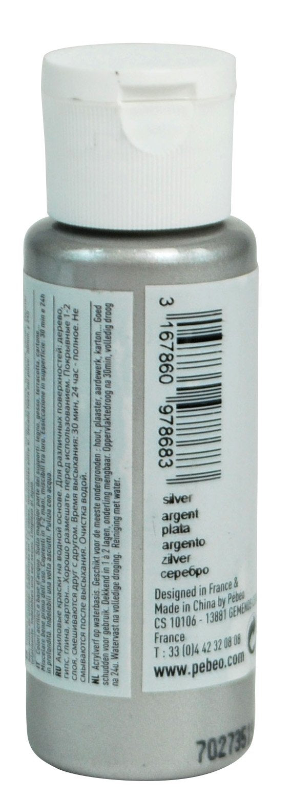 PEBEO Acrylic Paint - Silver Pearl Fluid Opaque | Permanent on Wood, Paper, Canvas | 59ml 3