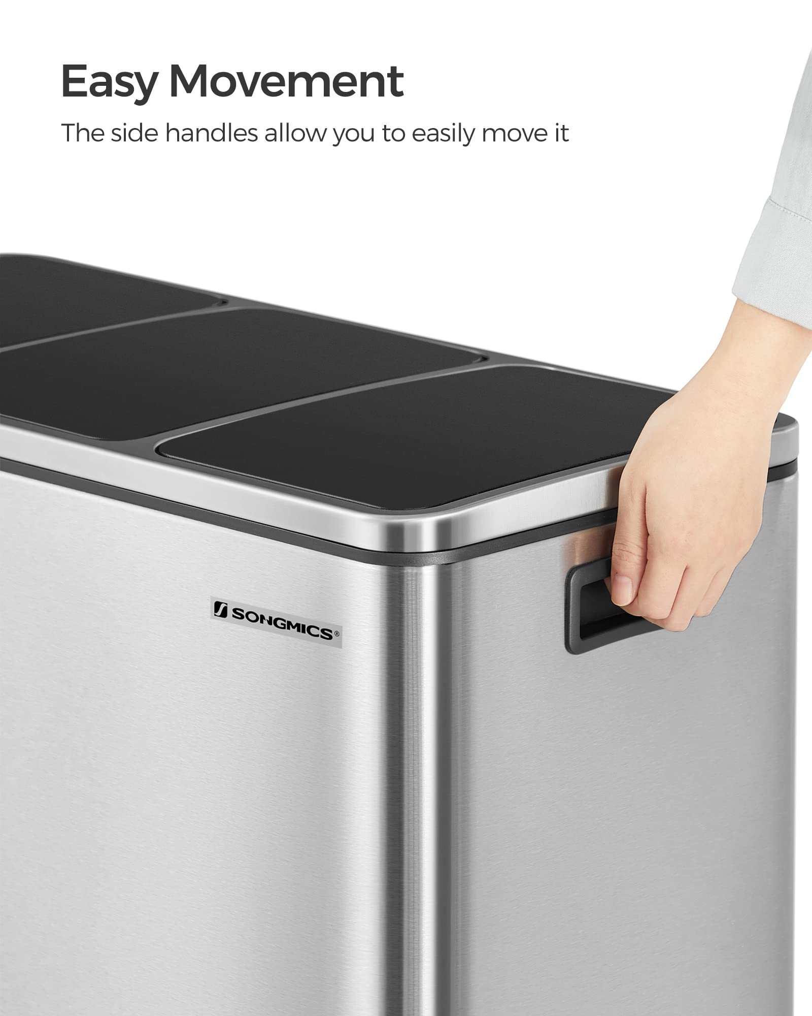 SONGMICS Kitchen Recycling Bin - 3 Compartments (3 x 18L) | Soft-Close Lids | Steel Metallic Silver LTB54NL 6