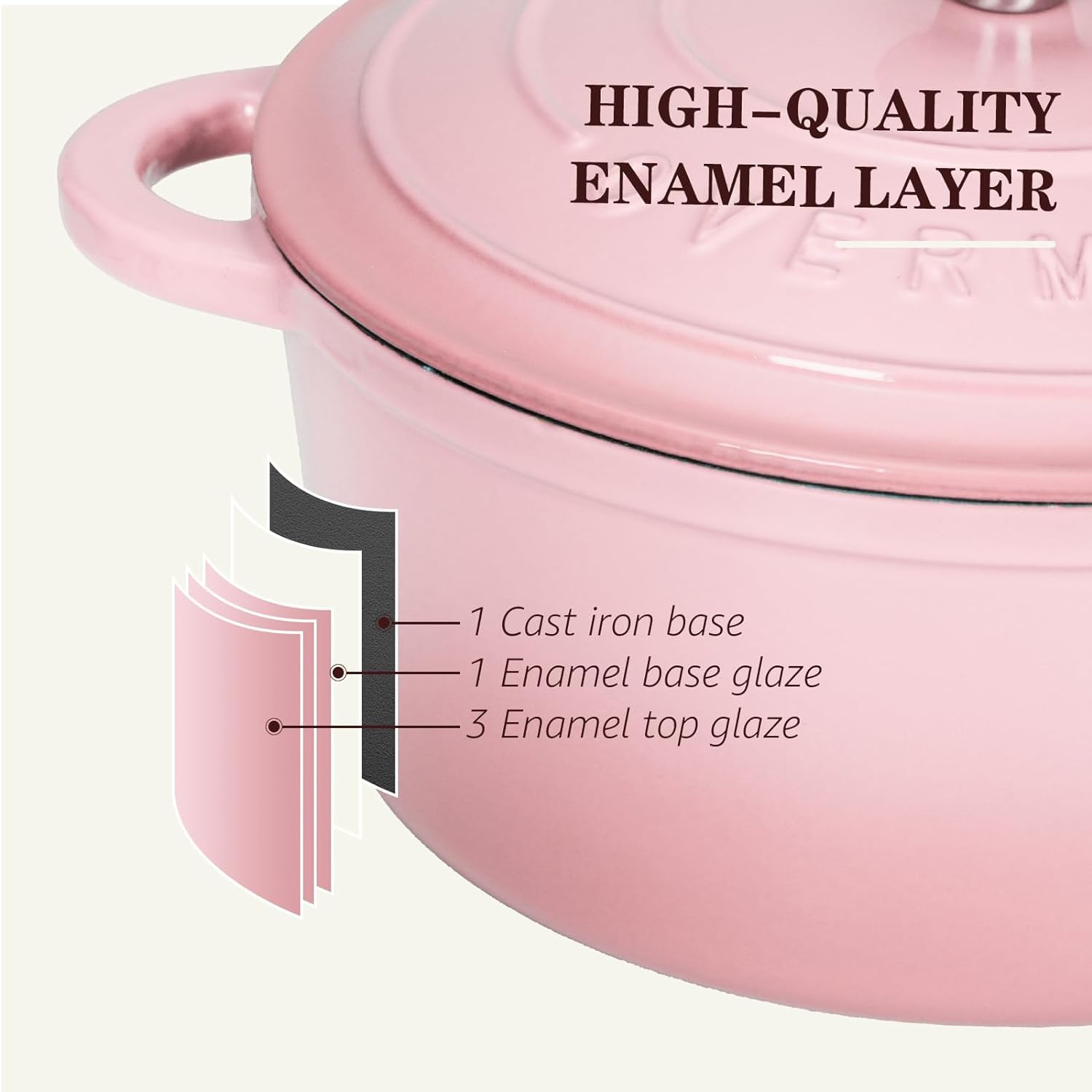 OVERMONT 26cm/5.2L Enamelled Cast Iron Dutch Oven - Pink, 5.5QT | Includes Potholders 6