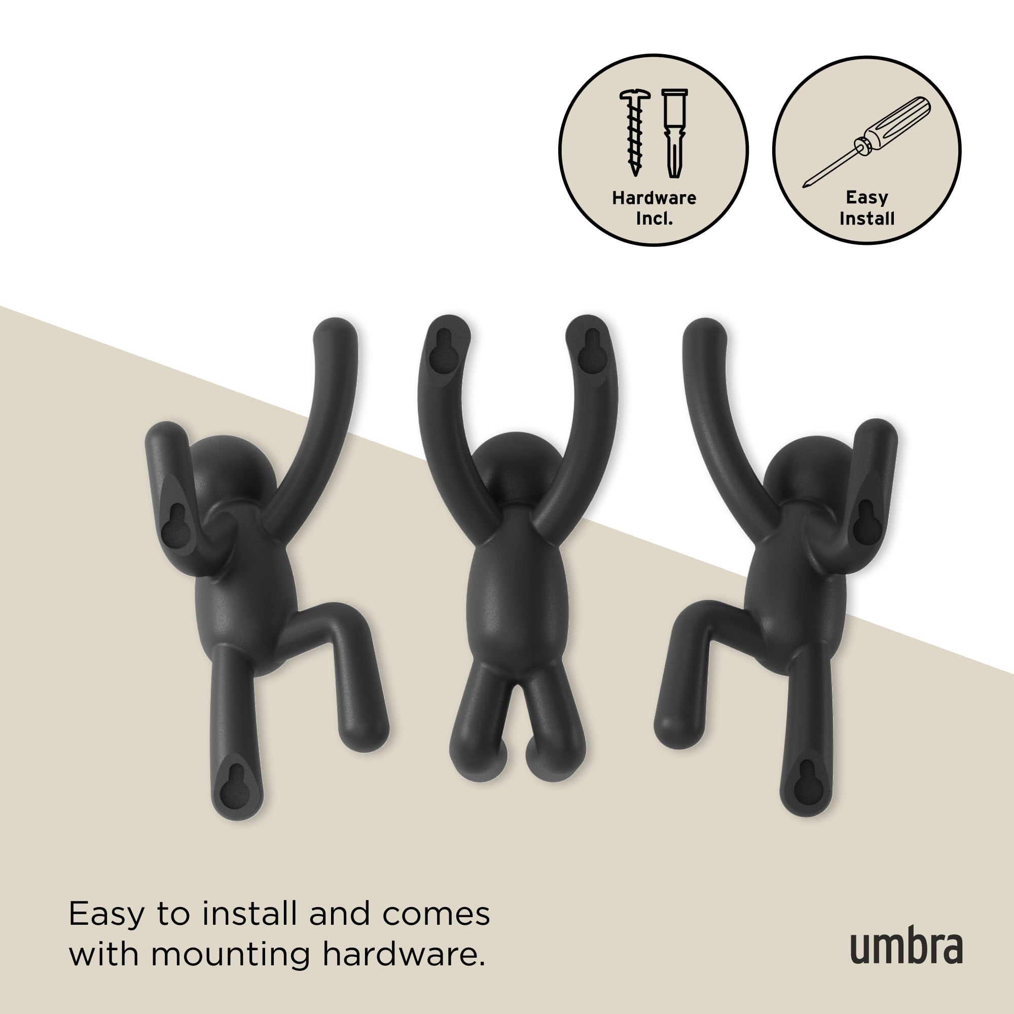Umbra Buddy Wall Hooks - Decorative Coat Hooks for Coats, Scarves, Bags | Set of 3, Black 6