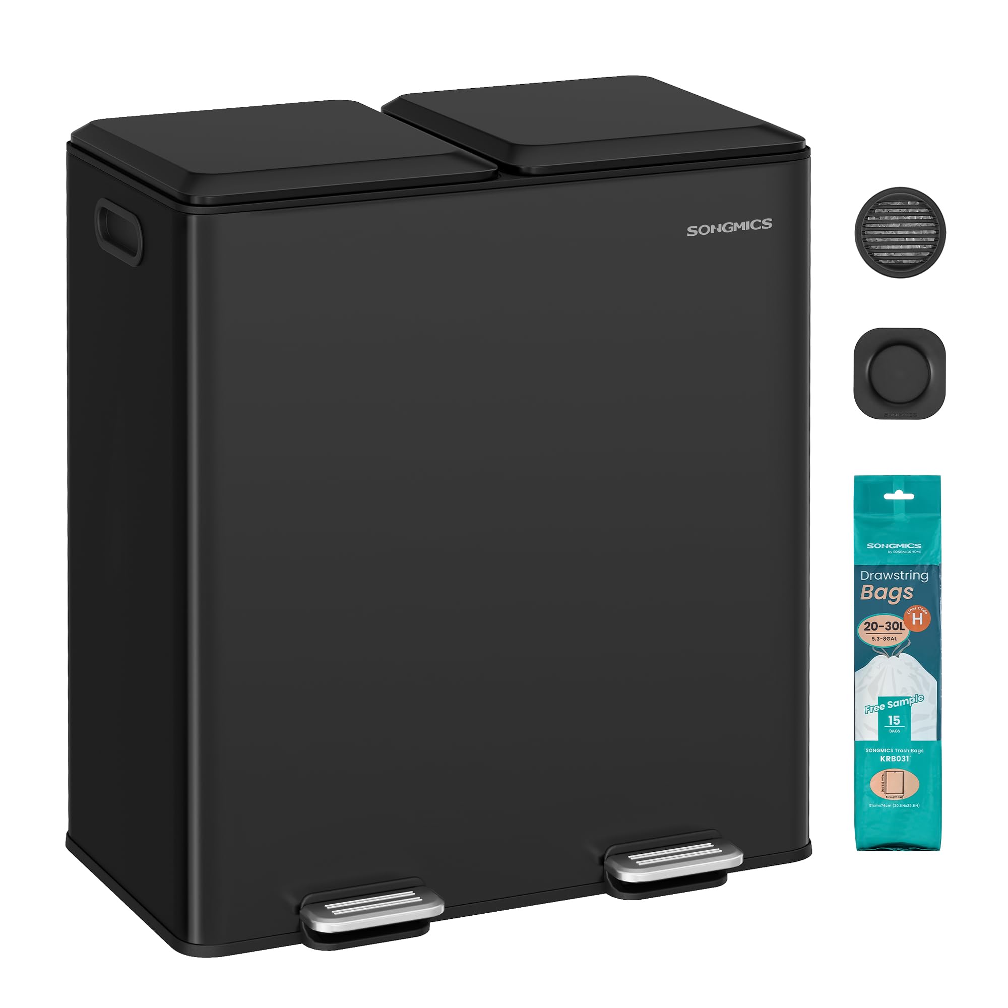 SONGMICS Kitchen Bin - Double Waste Separation System | 2 x 30 L Capacity | Ink Black 1