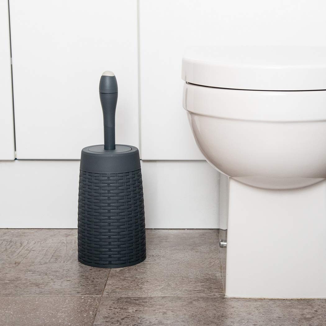 Addis Faux Rattan Round Toilet Brush Set with Detergent Injector | Charcoal Grey | 15 x 15 x 42 cm 4
